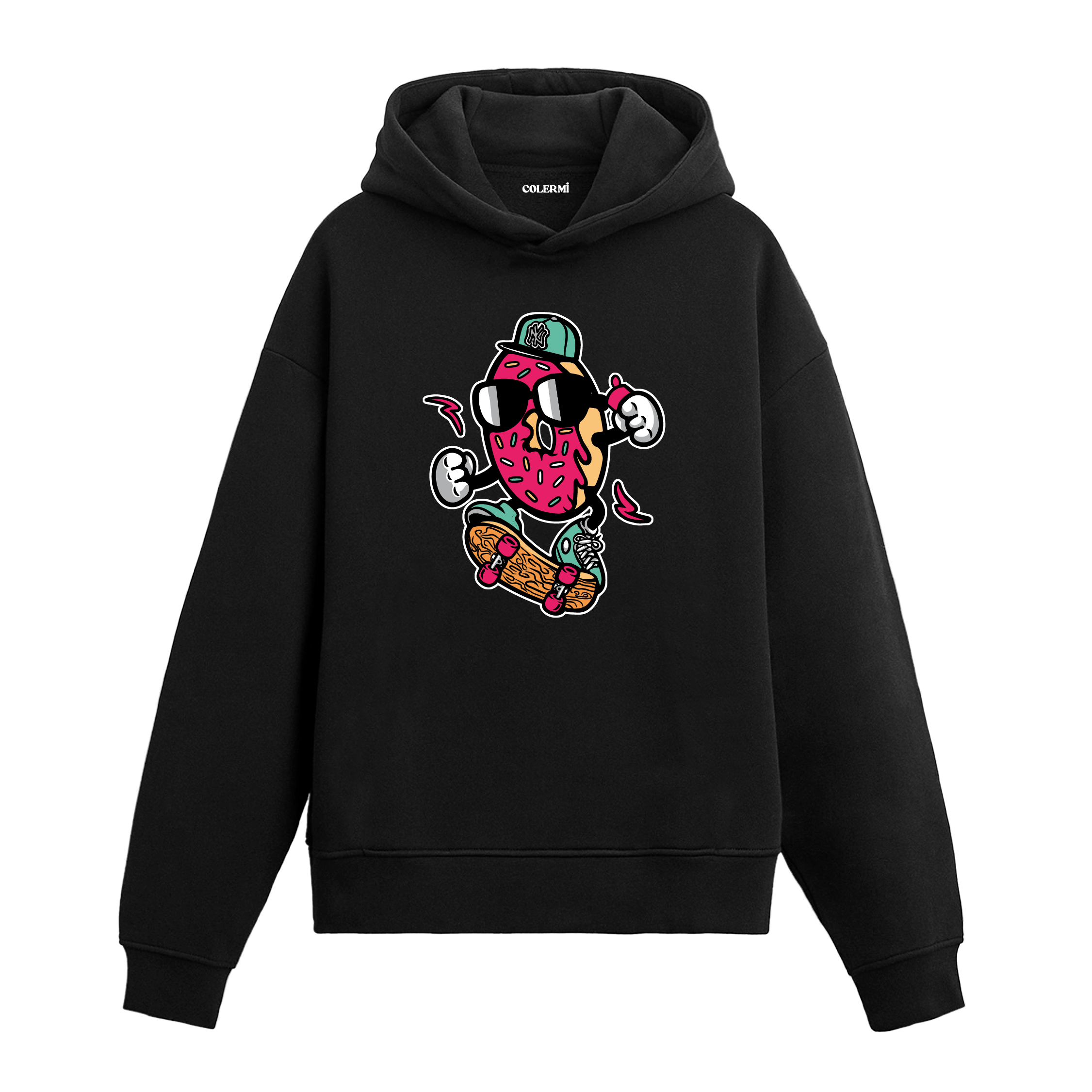 Kaykay yapan donut karakter tasarım baskılı hoodie – enerjik ve eğlenceli görünüm