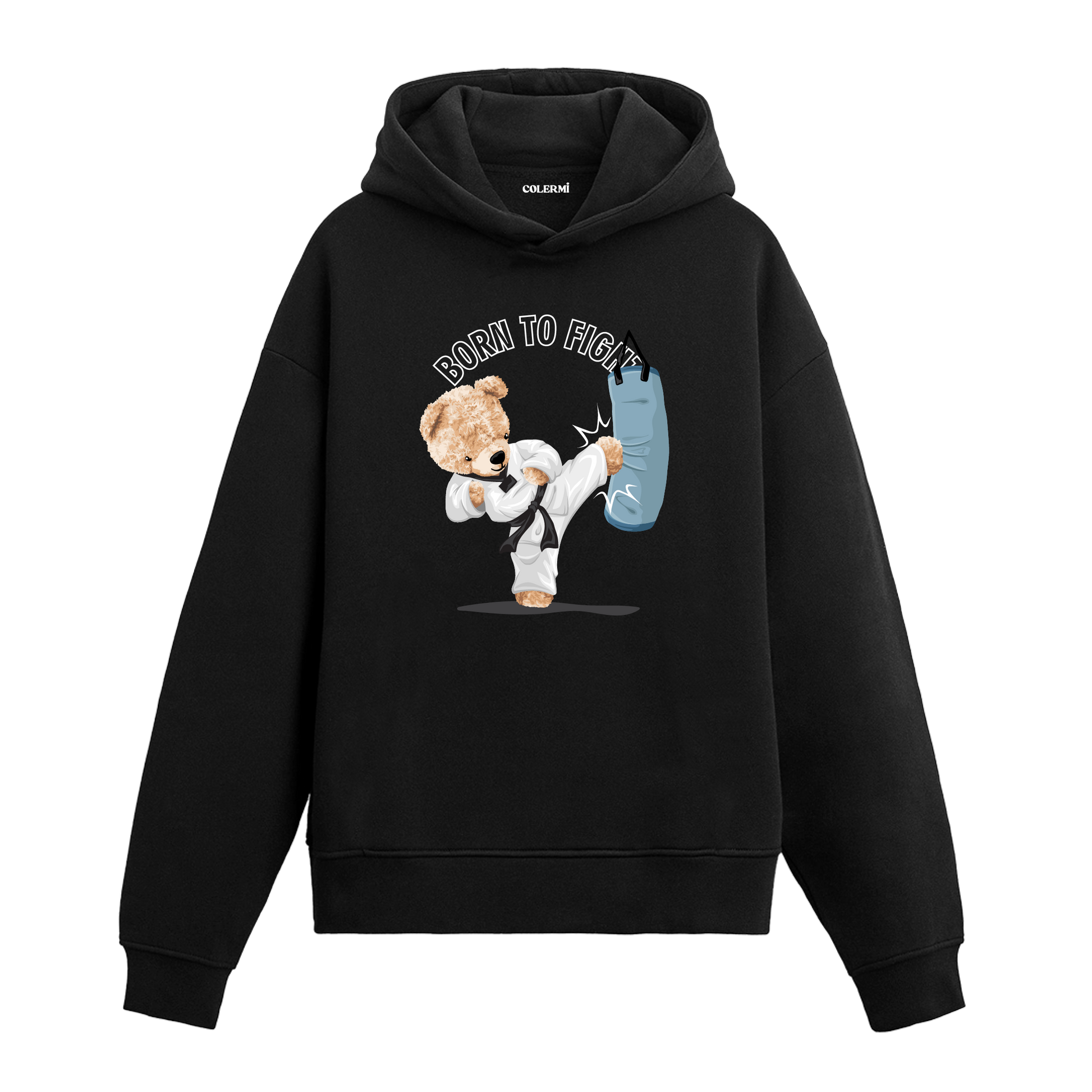 Boks torbasına tekme atan dövüş giysili sevimli ayıcık figürlü hoodie tasarımı.