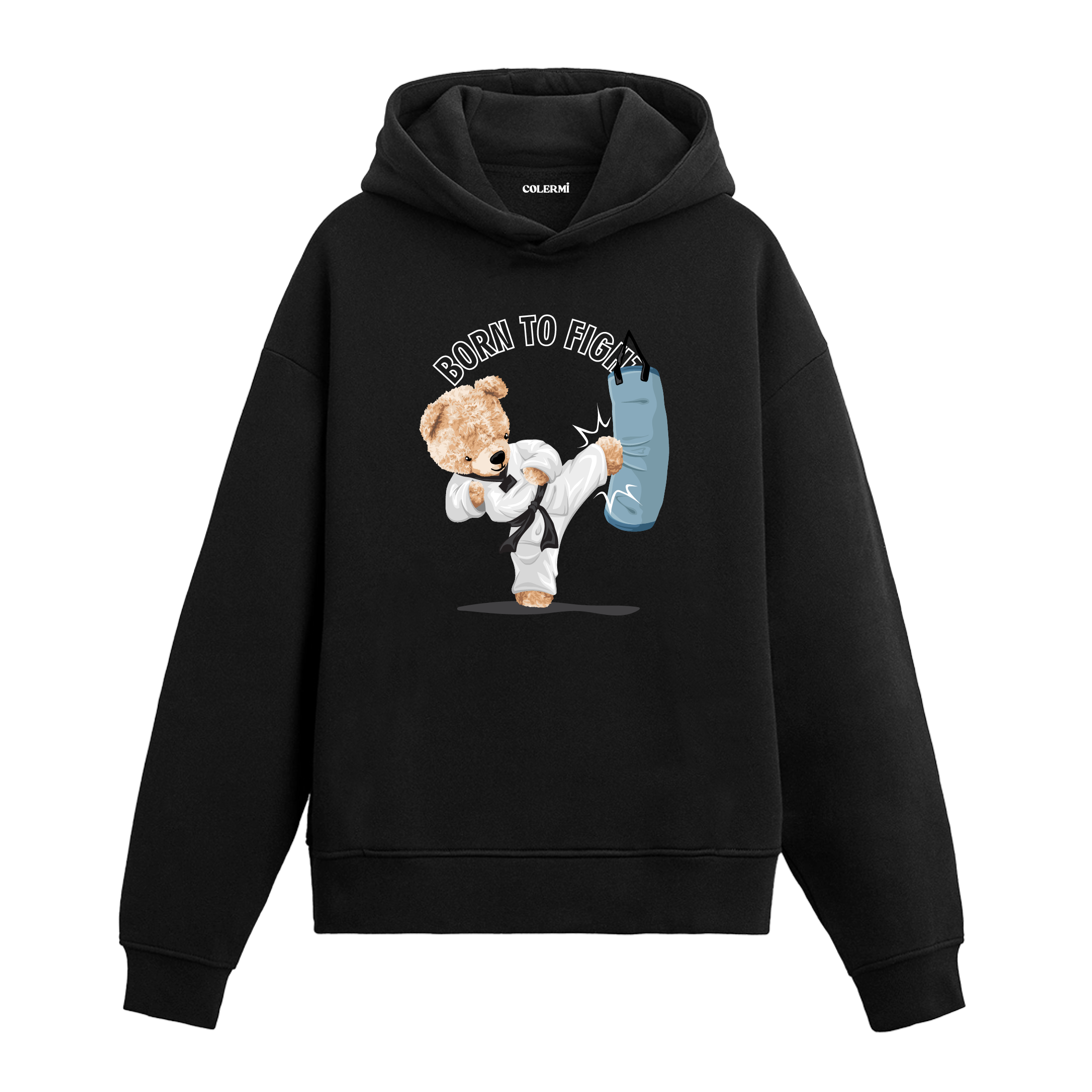 Boks torbasına tekme atan dövüş giysili sevimli ayıcık figürlü hoodie tasarımı.