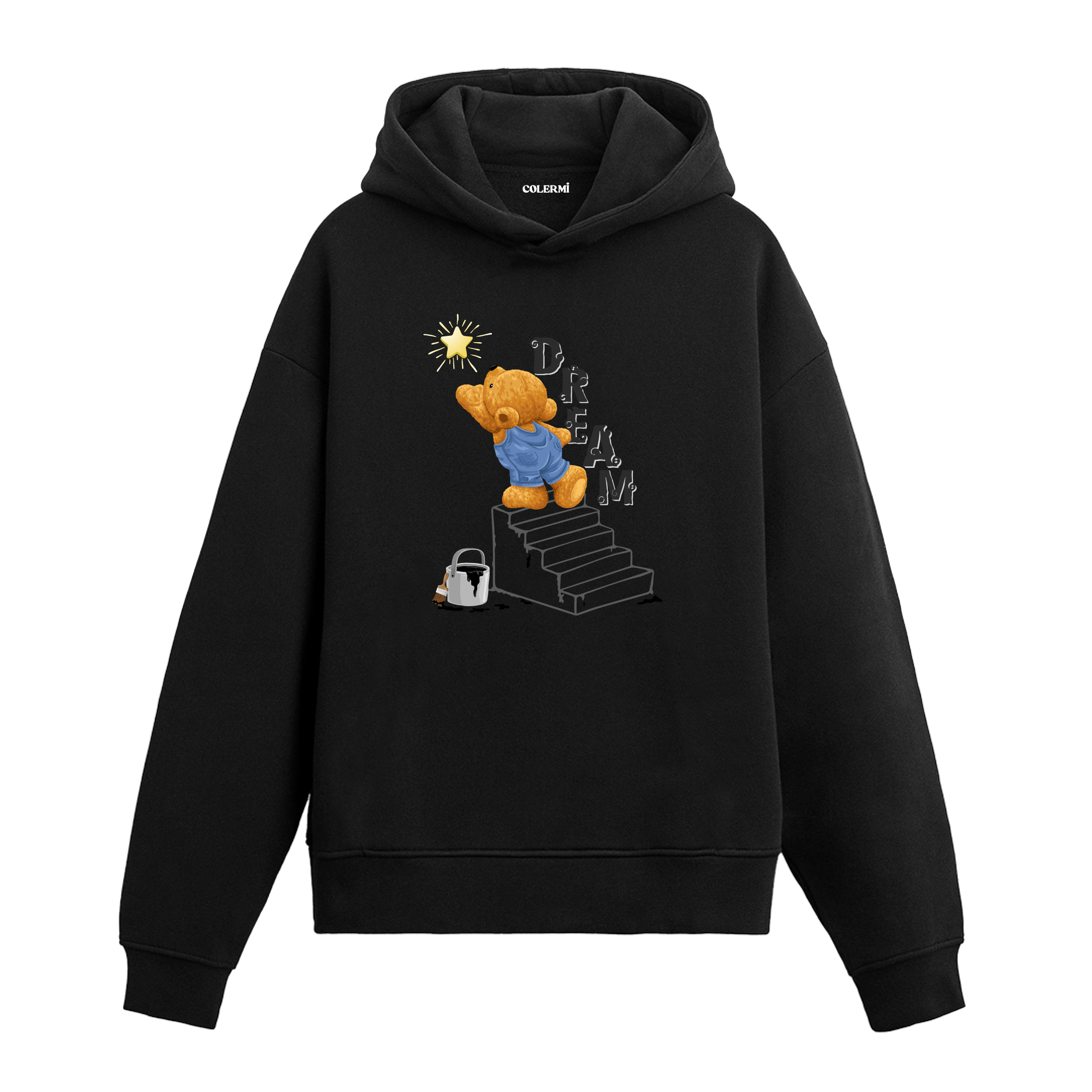 Yıldızlara uzanan, merdivende duran ayıcık figürlü hoodie tasarımı.