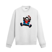 Beyaz sweatshirt üzerinde komik çizim karakter tasarımı