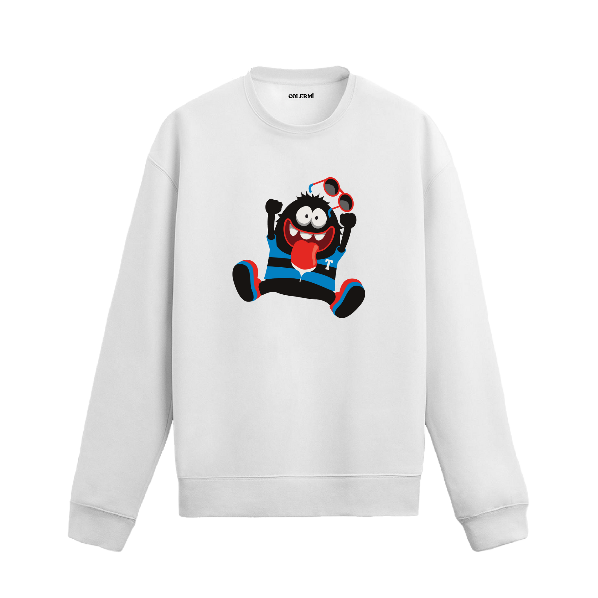 Beyaz sweatshirt üzerinde komik çizim karakter tasarımı