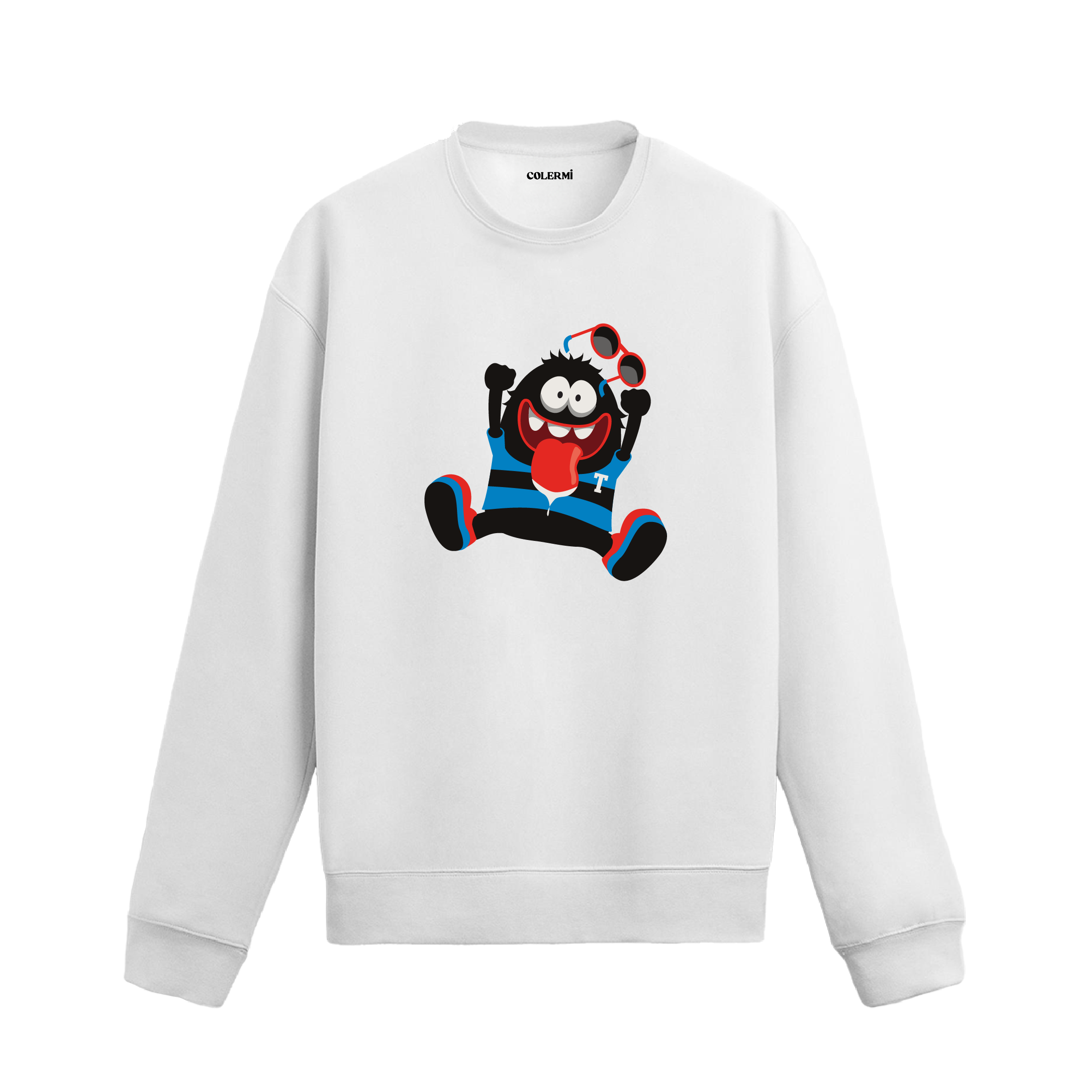 Beyaz sweatshirt üzerinde komik çizim karakter tasarımı