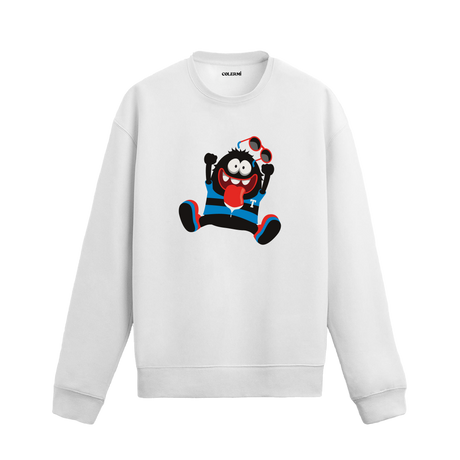Beyaz sweatshirt üzerinde komik çizim karakter tasarımı
