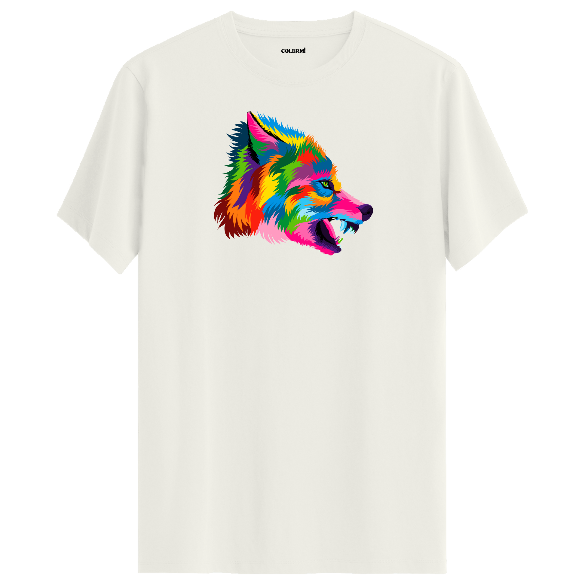 Ekru tişört üzerinde renkli vahşi kurt baskısı