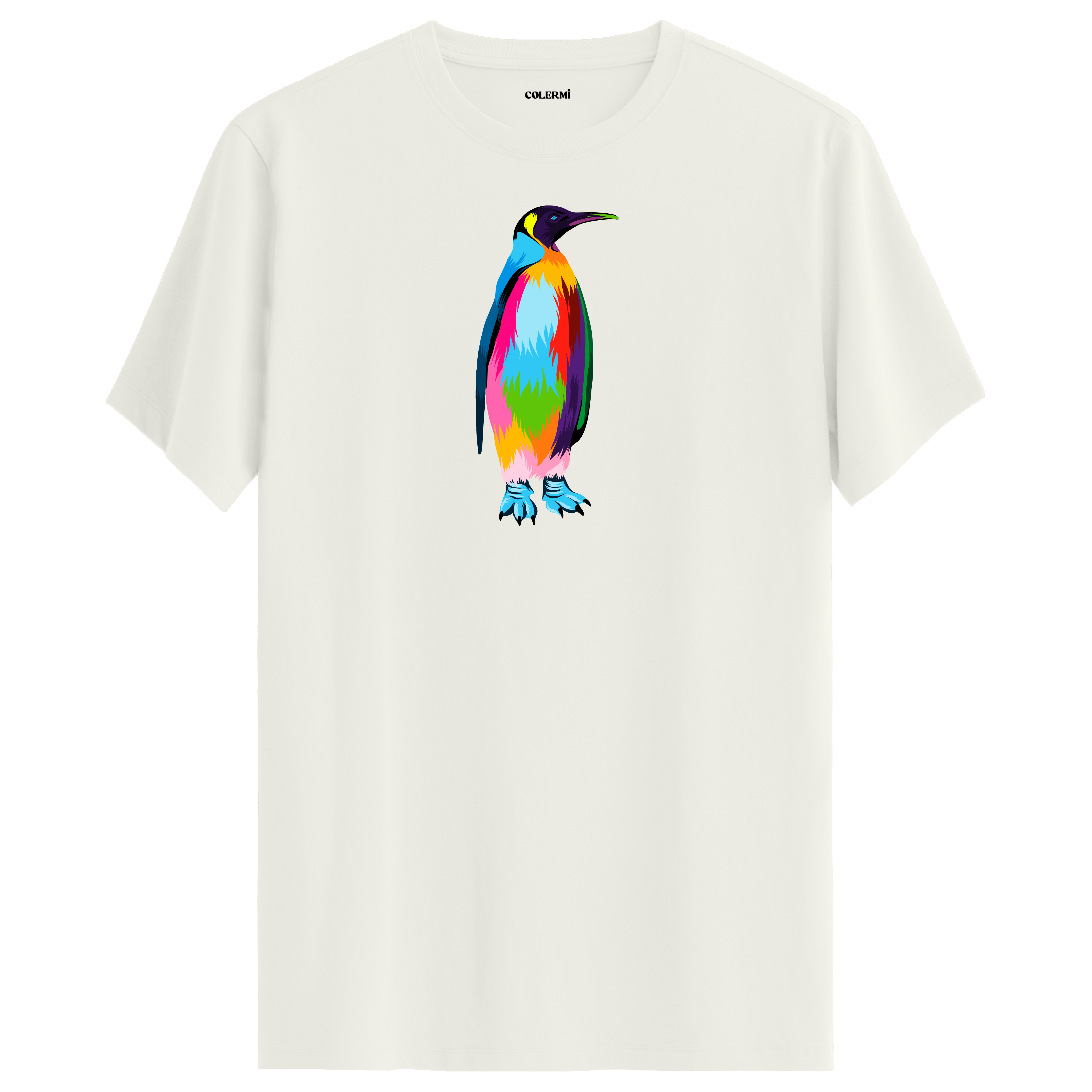Ekru renkli bisiklet yaka tişört, pastel tonları ve sanatsal penguen tasarımıyla zarif bir görünüm sağlıyor.