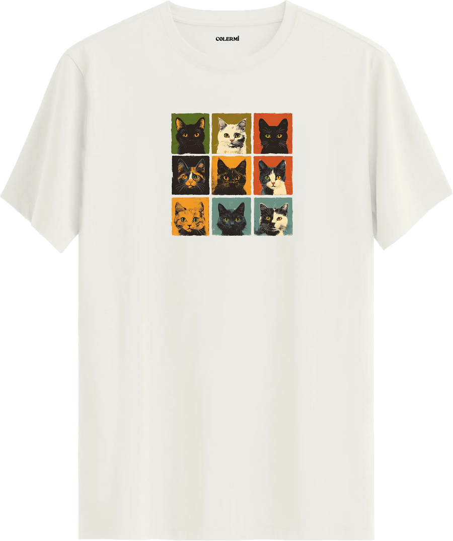 Retro Kedi Kolaj Tasarım Tişört