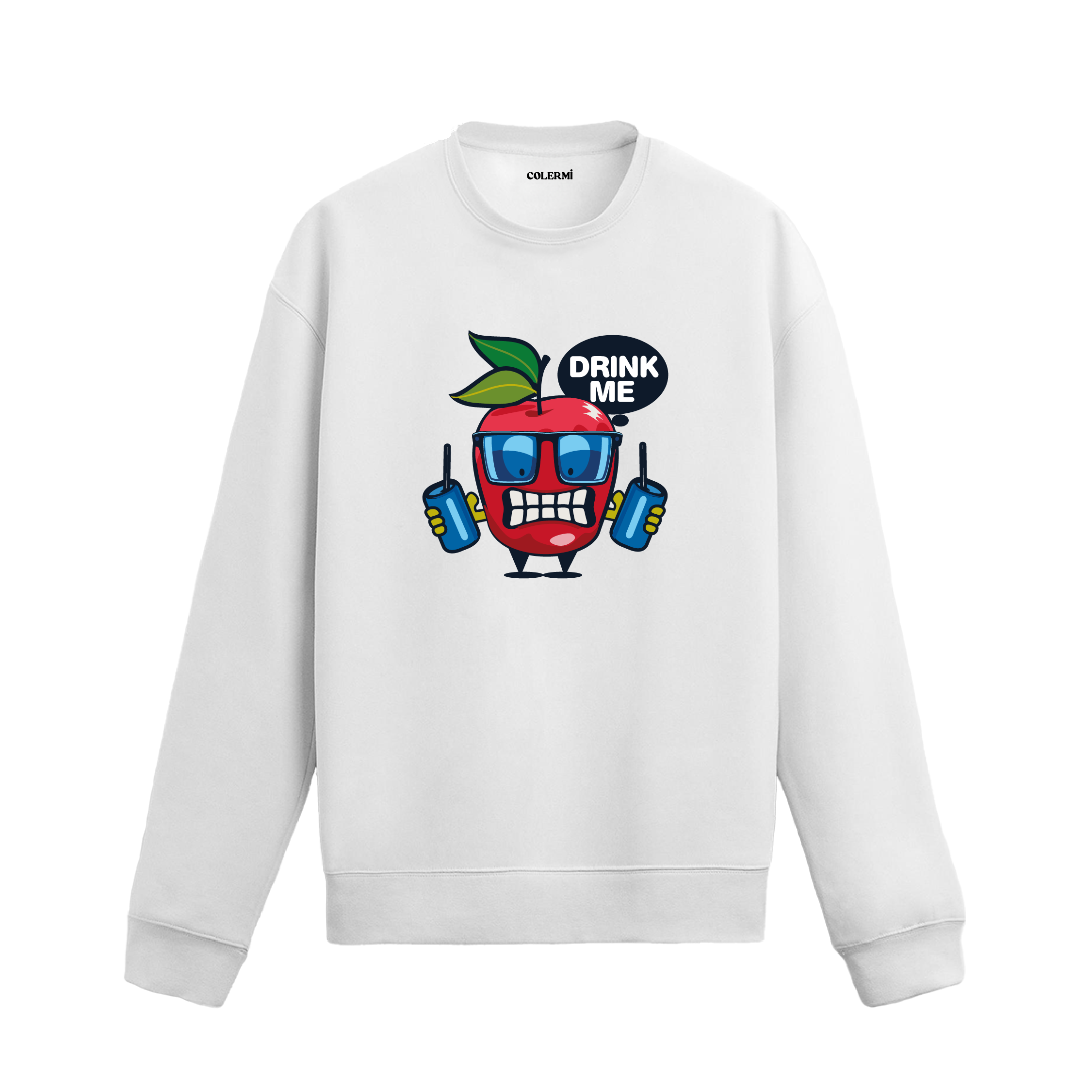 Beyaz sweatshirt üzerinde komik elma karakter tasarımı