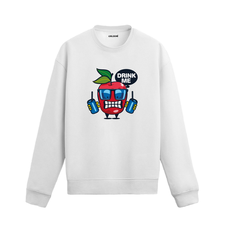 Beyaz sweatshirt üzerinde komik elma karakter tasarımı