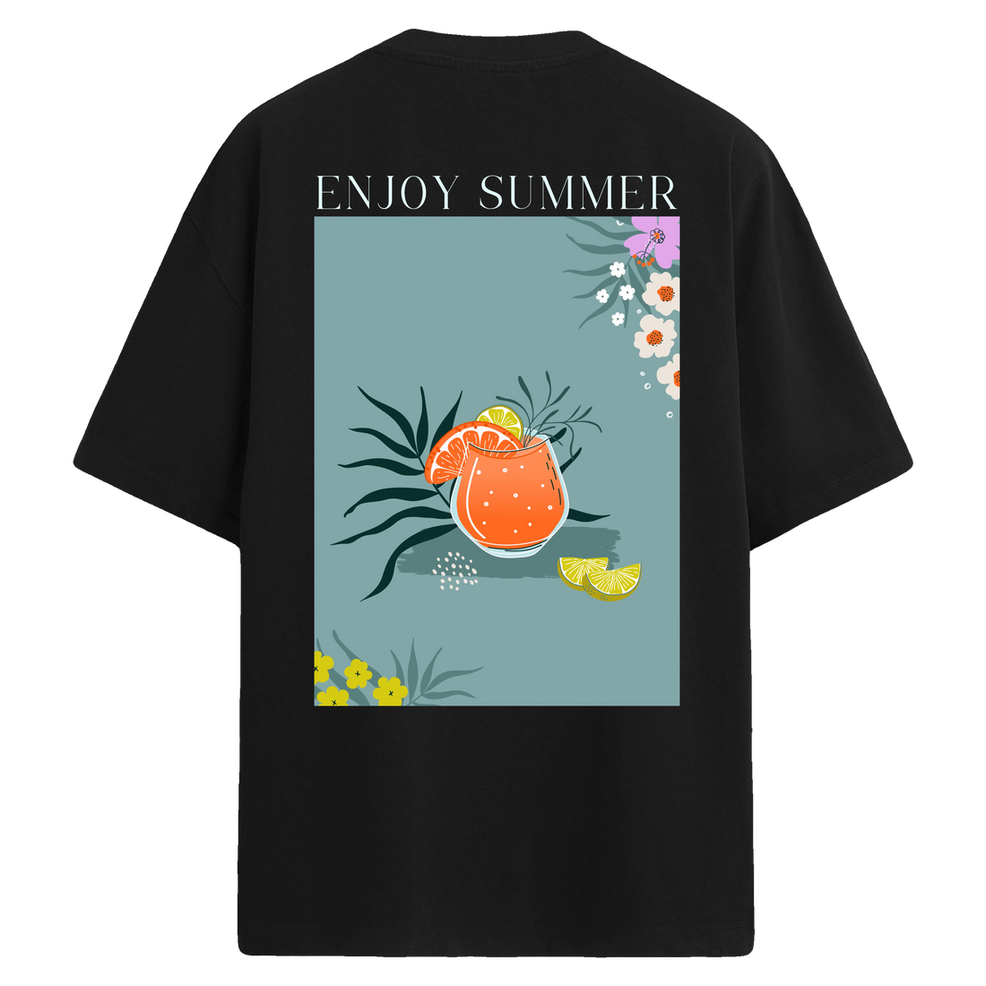 Enjoy Summer yazılı kokteylli sırt baskılı siyah oversize tişört
