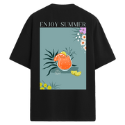 Enjoy Summer yazılı kokteylli sırt baskılı siyah oversize tişört
