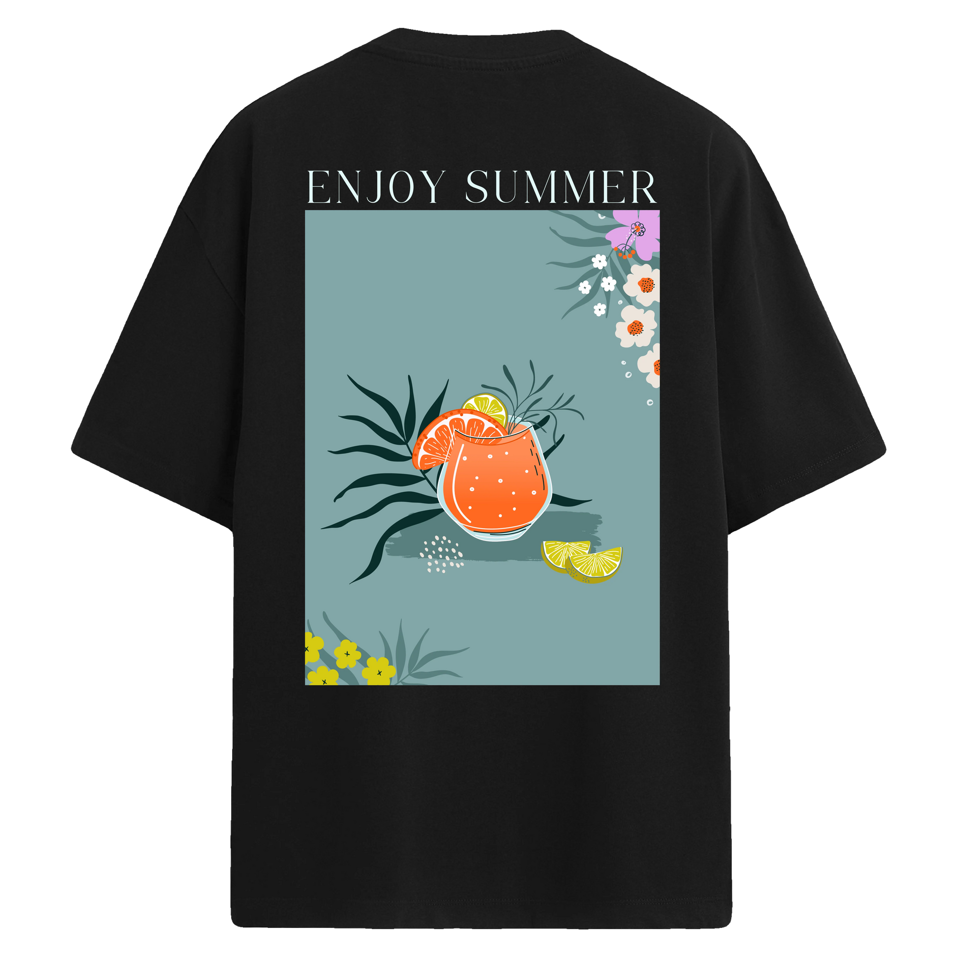 Enjoy Summer yazılı kokteylli sırt baskılı siyah oversize tişört