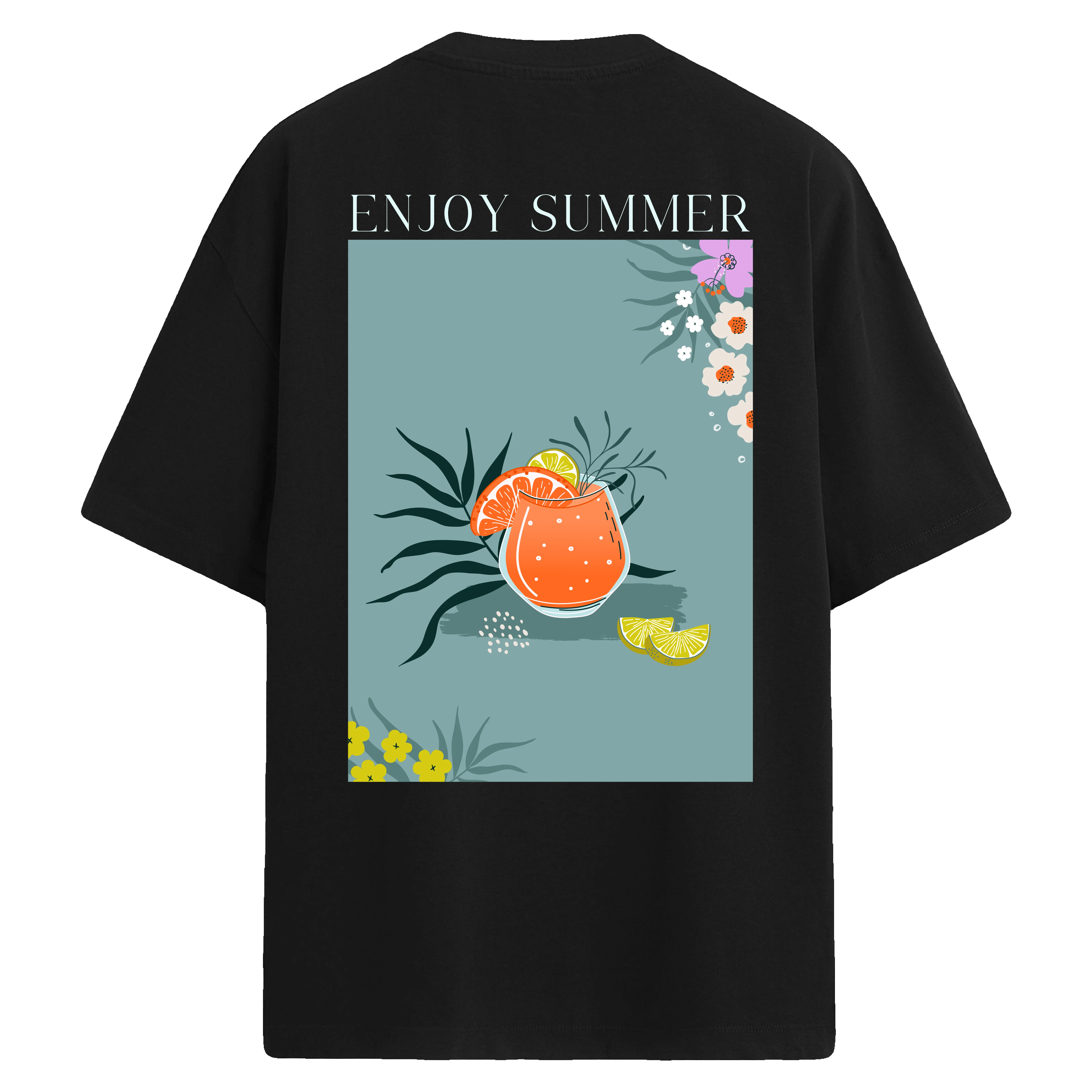 Enjoy Summer yazılı kokteylli sırt baskılı siyah oversize tişört