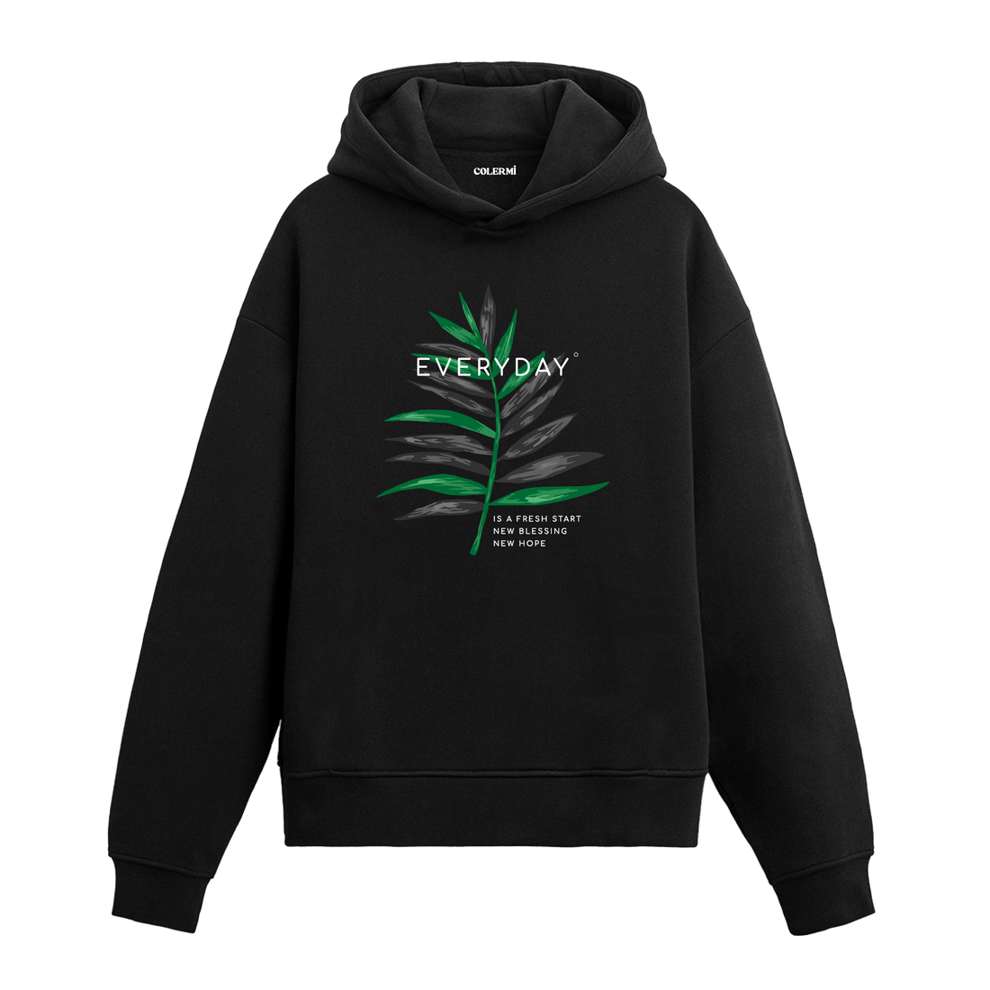 Siyah hoodie üzerinde everyday yazılı yaprak tasarımı