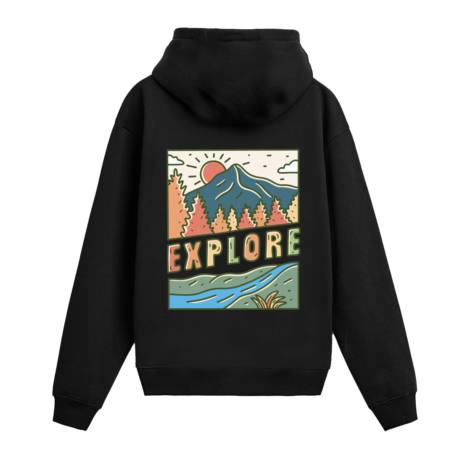 Siyah hoodie üzerinde dağ, nehir ve orman temalı Explore yazılı tasarım