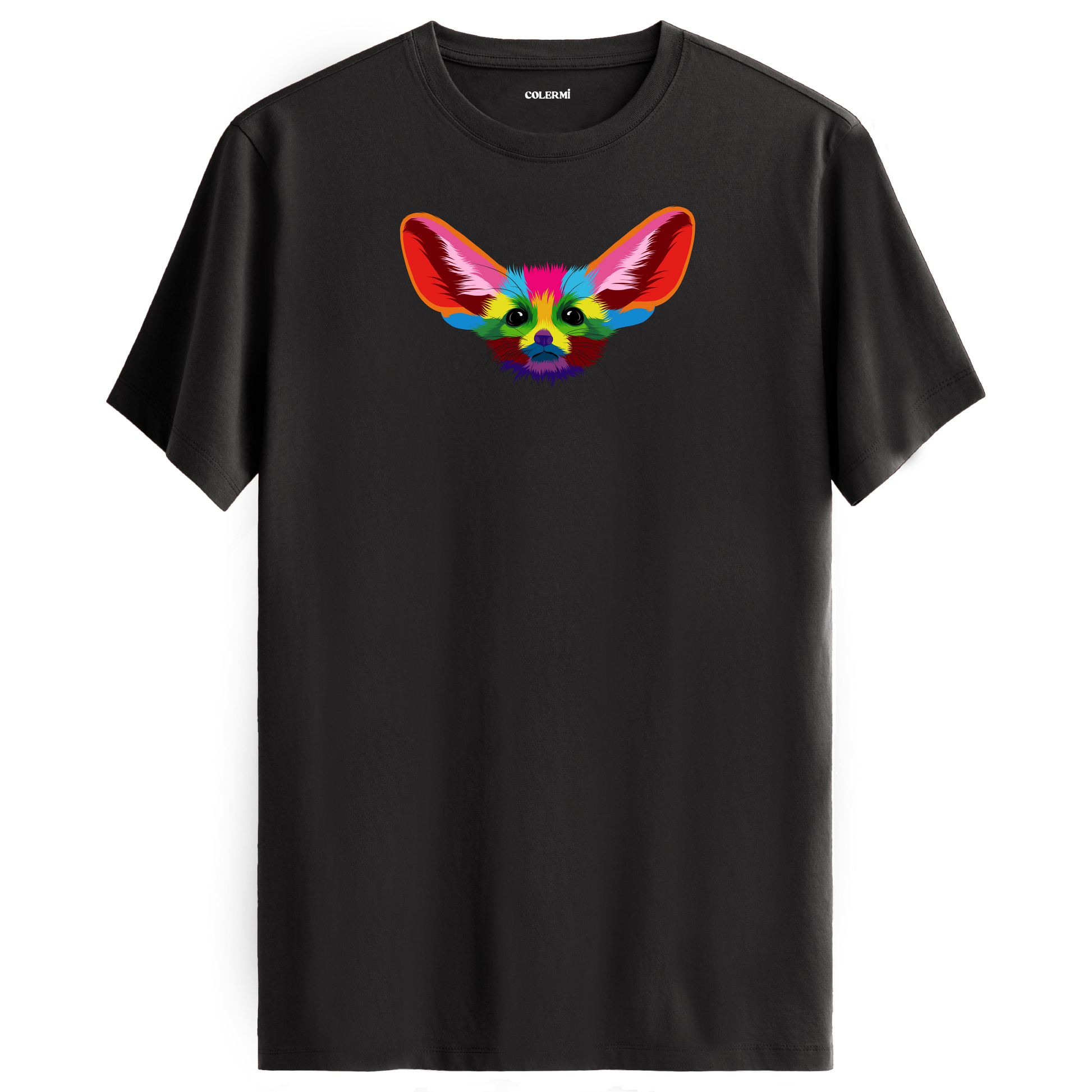 Antrasit tişört üzerinde renkli Fino fennec tilki tasarımı