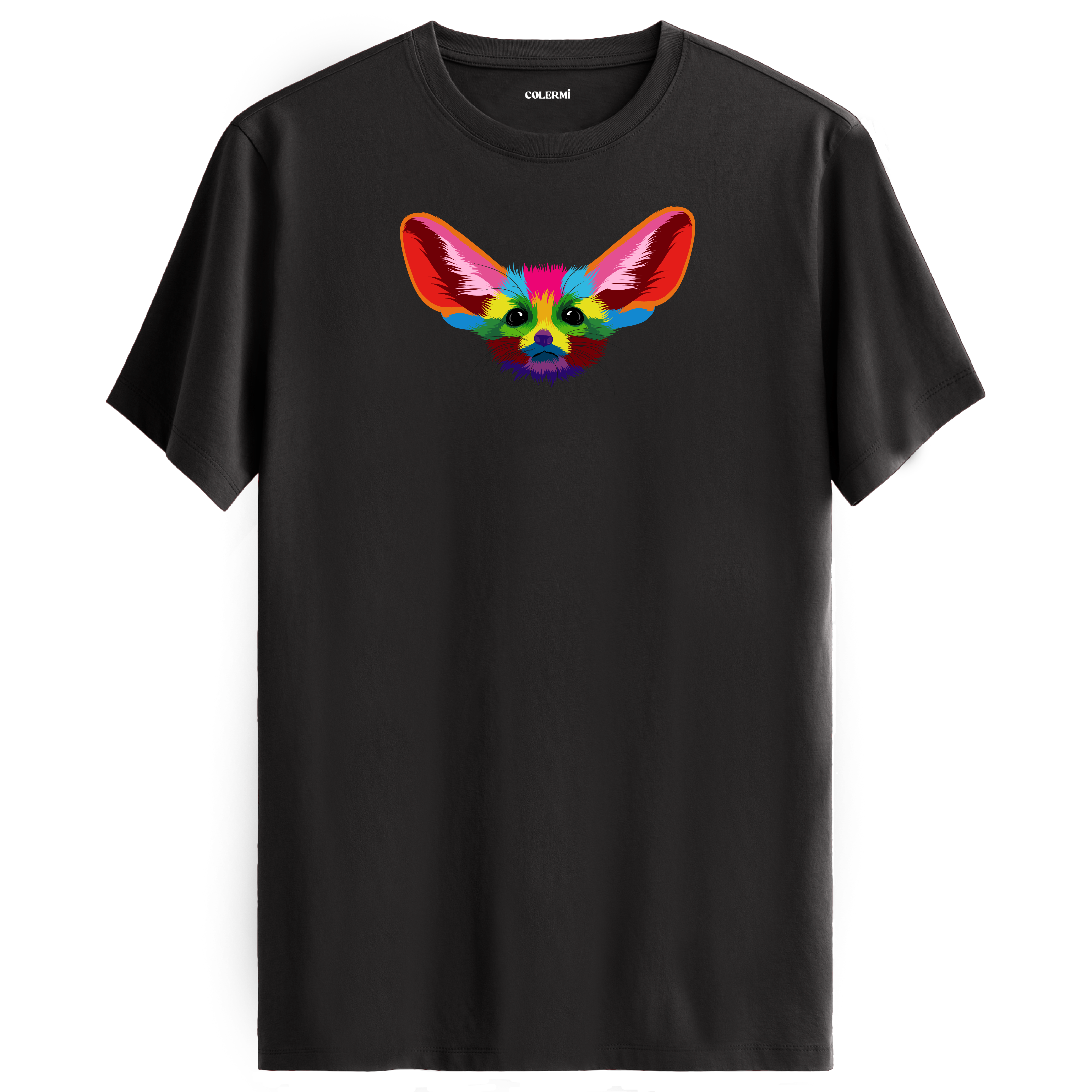 Antrasit tişört üzerinde renkli Fino fennec tilki tasarımı