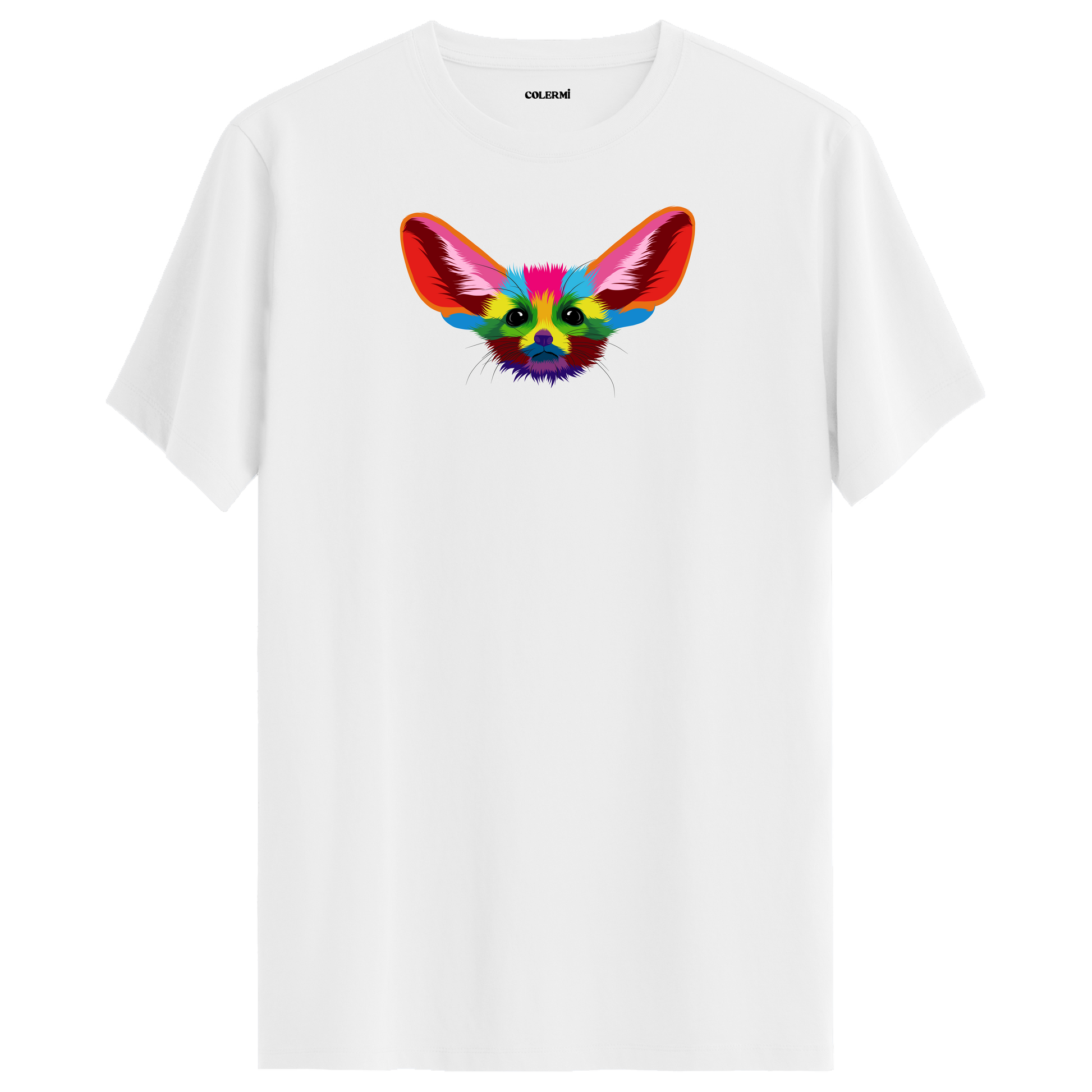 Beyaz tişört üzerinde renkli Fino fennec tilki tasarımı