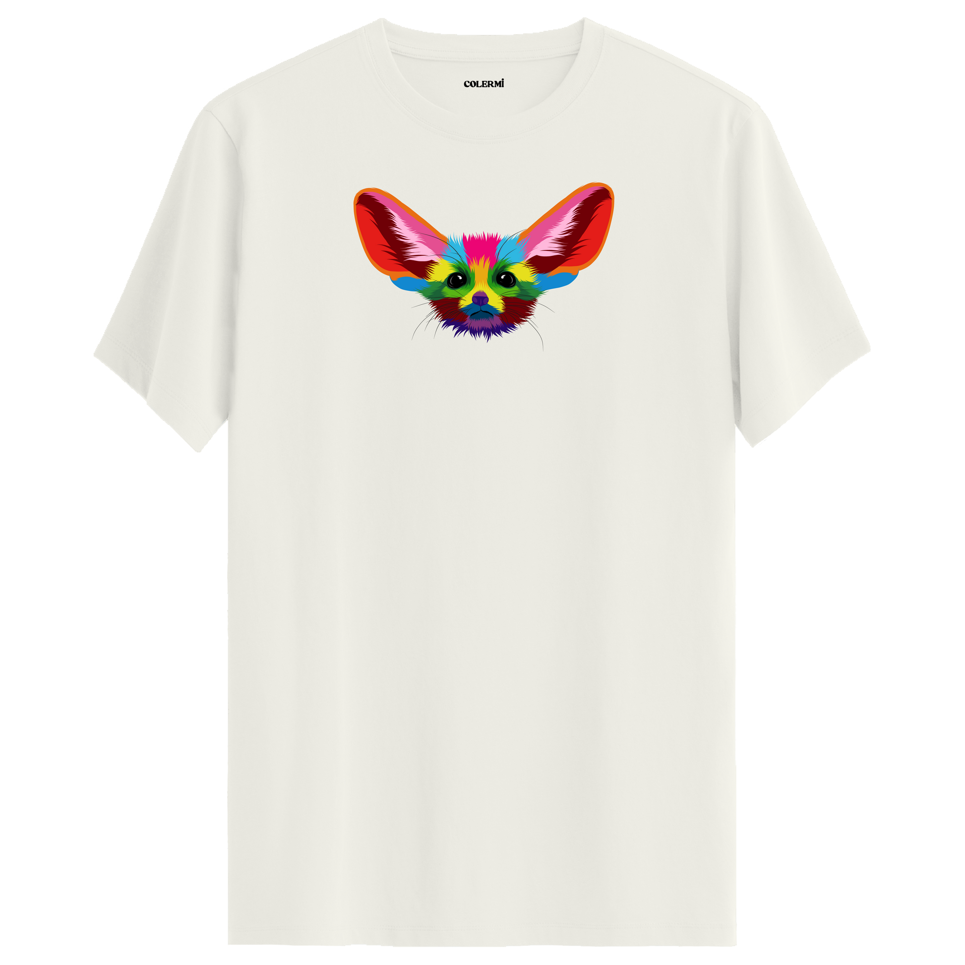 Ekru tişört üzerinde renkli Fino fennec tilki tasarımı