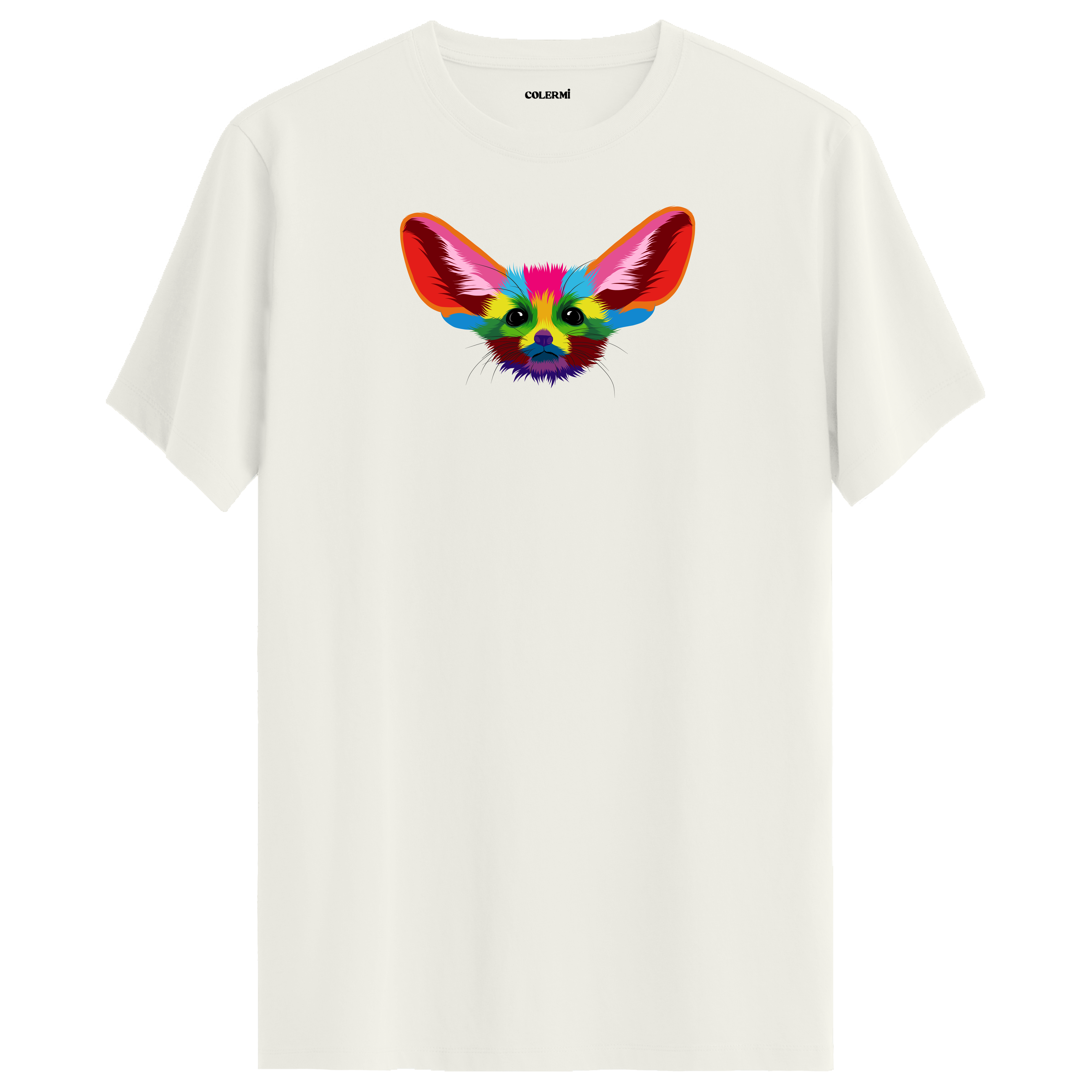 Ekru tişört üzerinde renkli Fino fennec tilki tasarımı