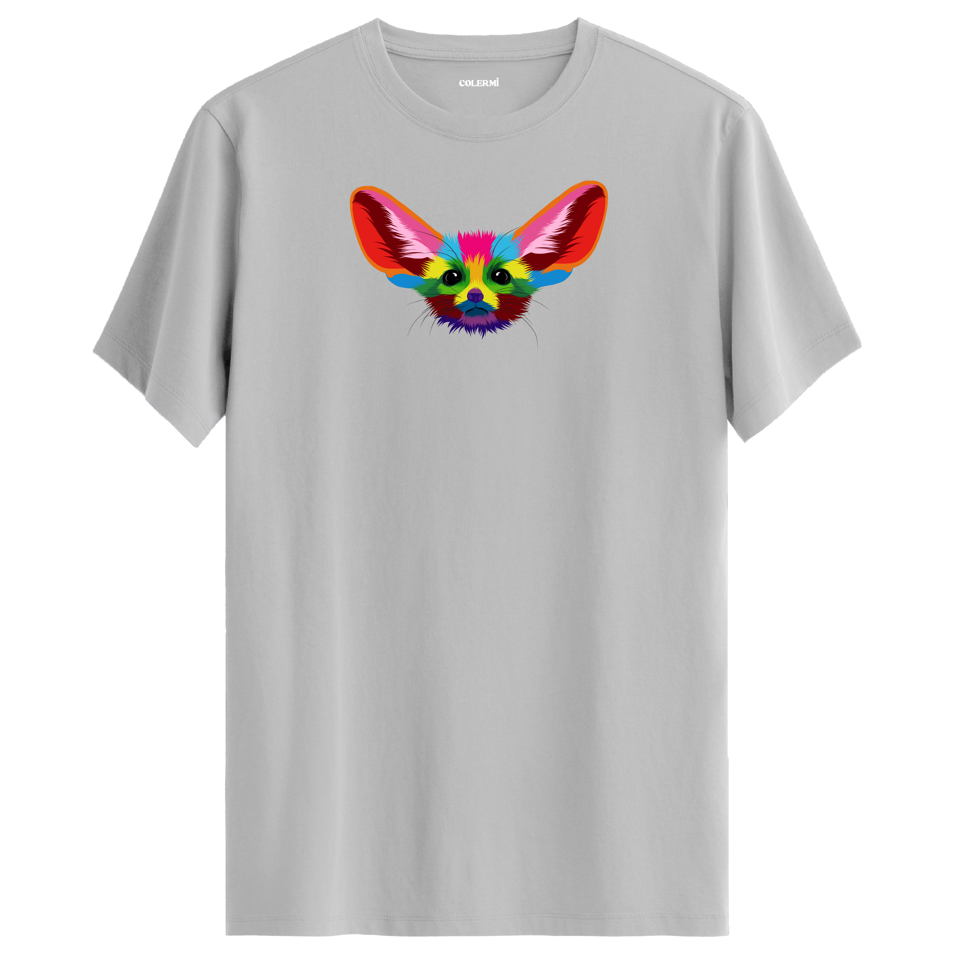 Gri tişört üzerinde renkli Fino fennec tilki tasarımı