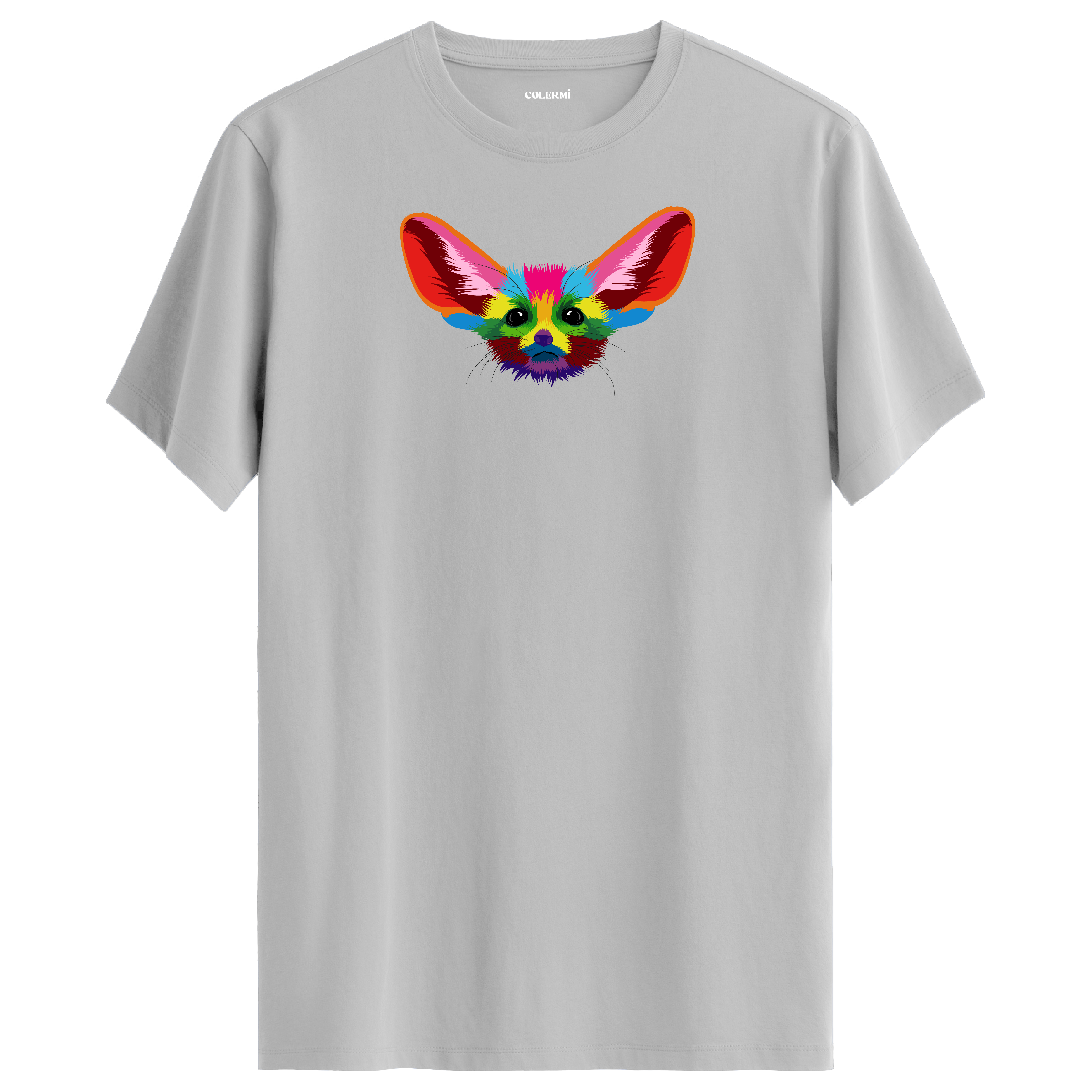 Gri tişört üzerinde renkli Fino fennec tilki tasarımı