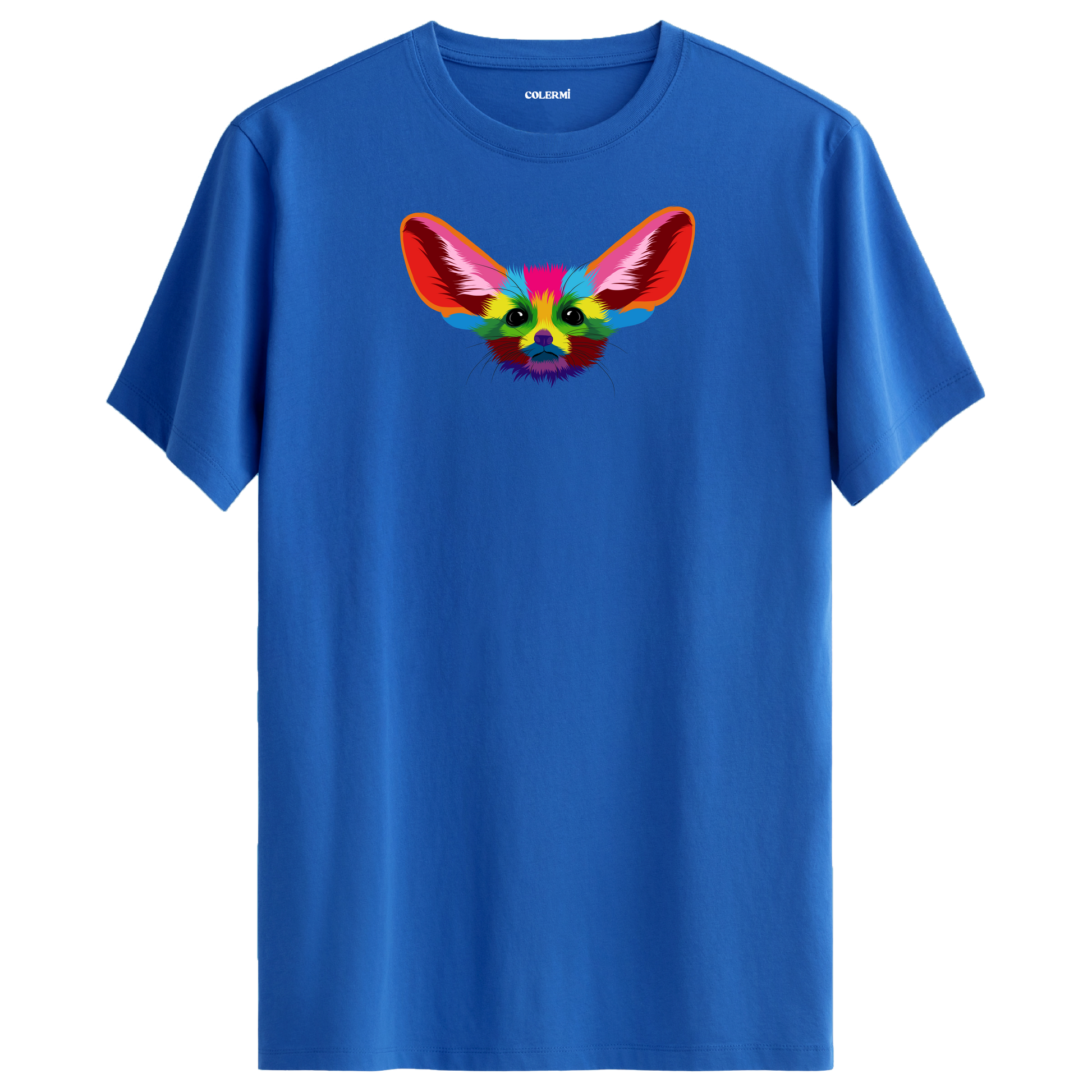 Mavi tişört üzerinde renkli Fino fennec tilki tasarımı