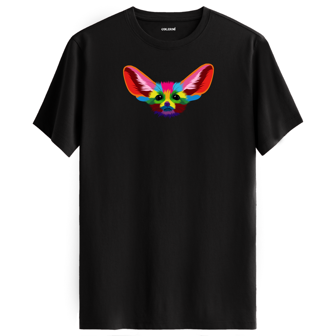 Siyah tişört üzerinde renkli Fino fennec tilki tasarımı