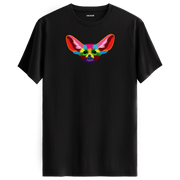 Siyah tişört üzerinde renkli Fino fennec tilki tasarımı