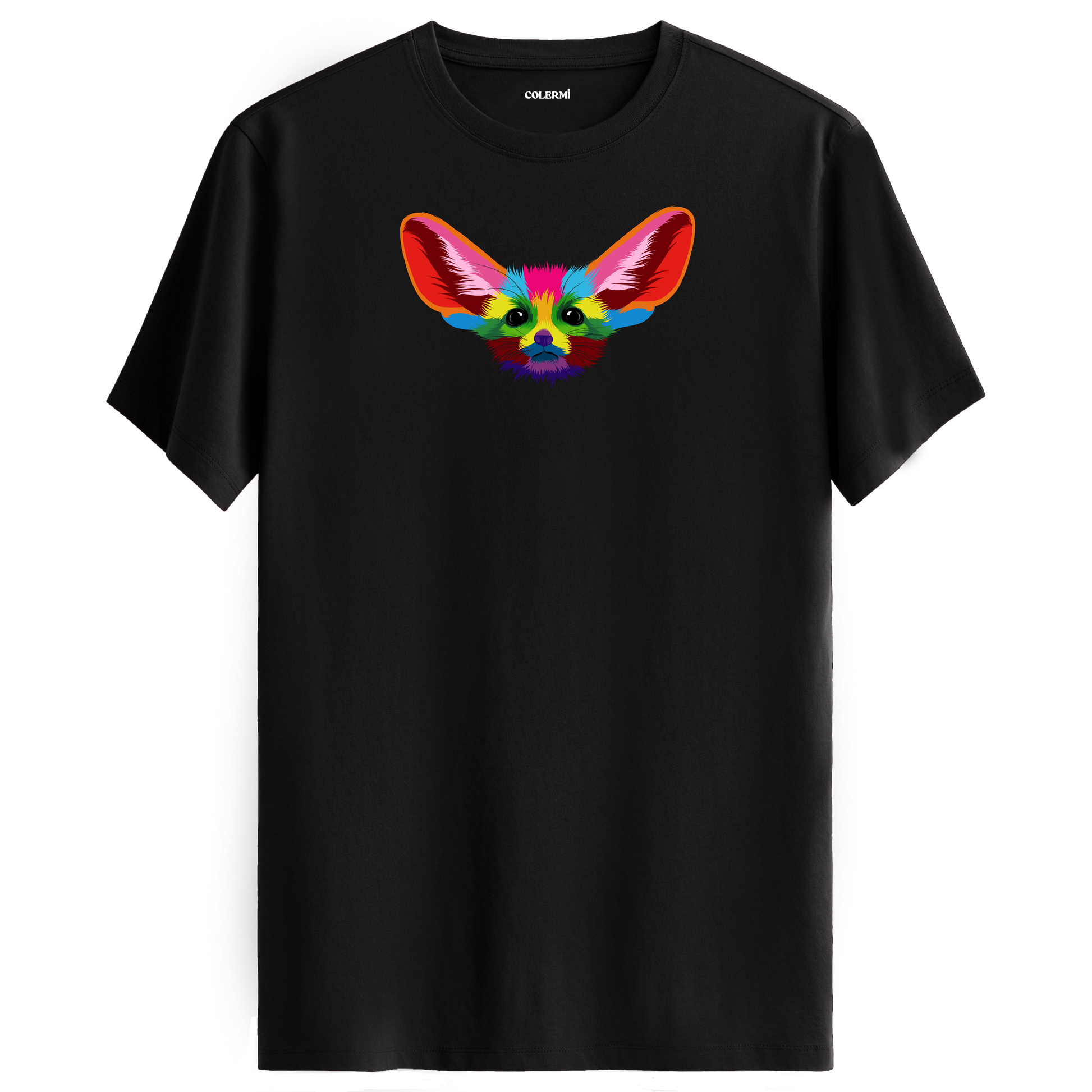 Siyah tişört üzerinde renkli Fino fennec tilki tasarımı