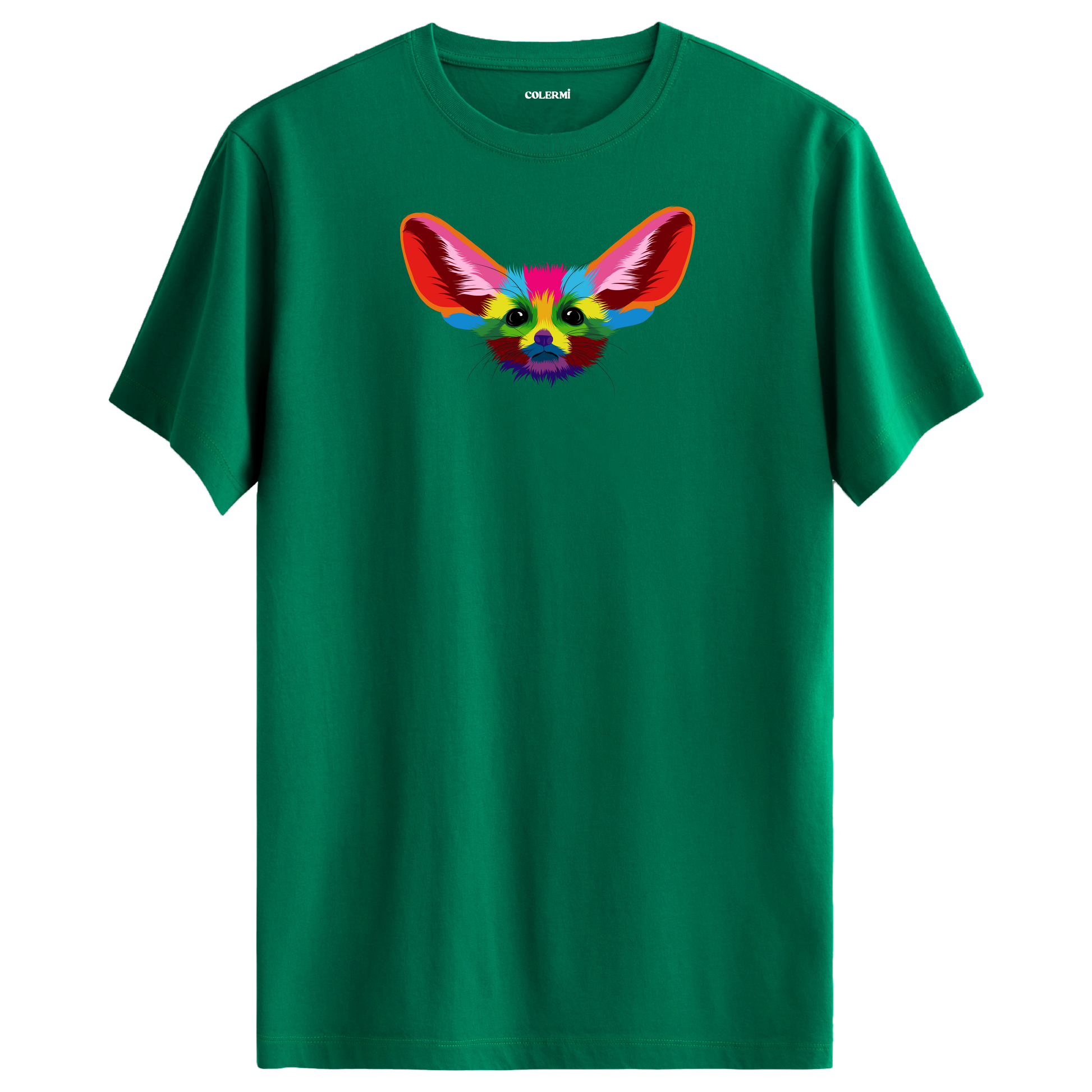 Yeşil tişört üzerinde renkli Fino fennec tilki tasarımı