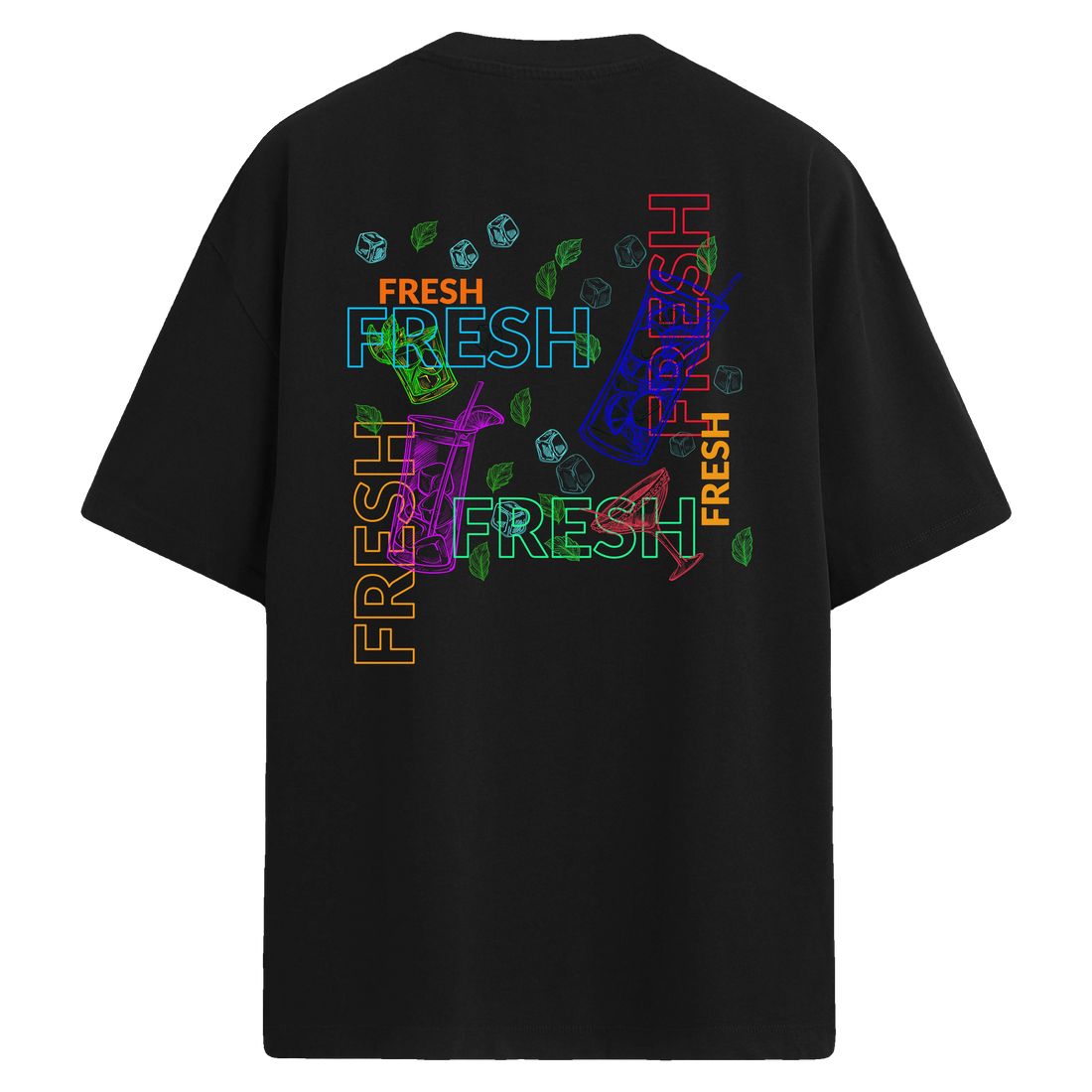 Neon içecek ve “FRESH” yazılı baskılı, buz ve nane detaylı sırt tasarımlı oversize tişört