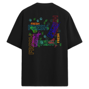 Neon içecek ve “FRESH” yazılı baskılı, buz ve nane detaylı sırt tasarımlı oversize tişört