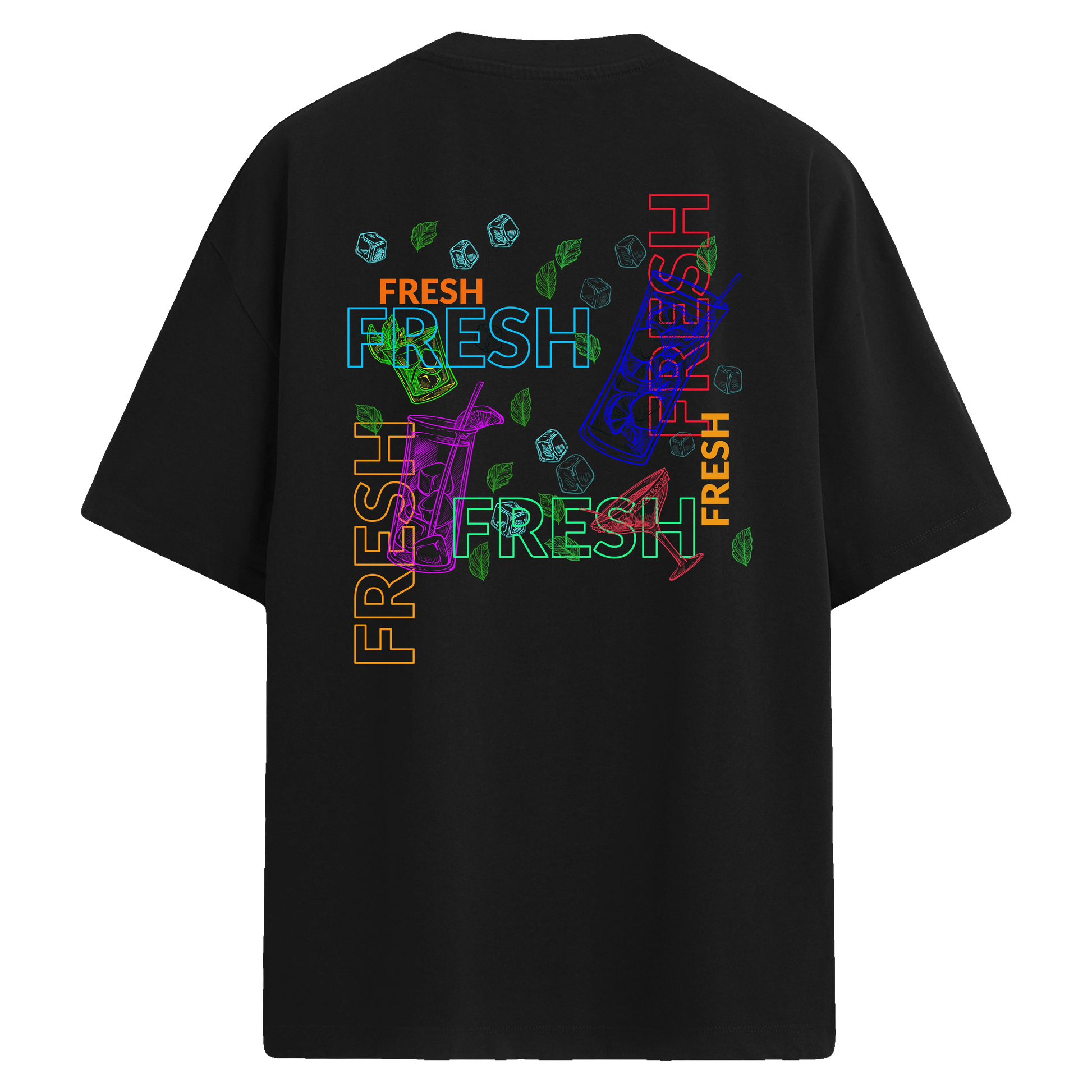 Neon içecek ve “FRESH” yazılı baskılı, buz ve nane detaylı sırt tasarımlı oversize tişört