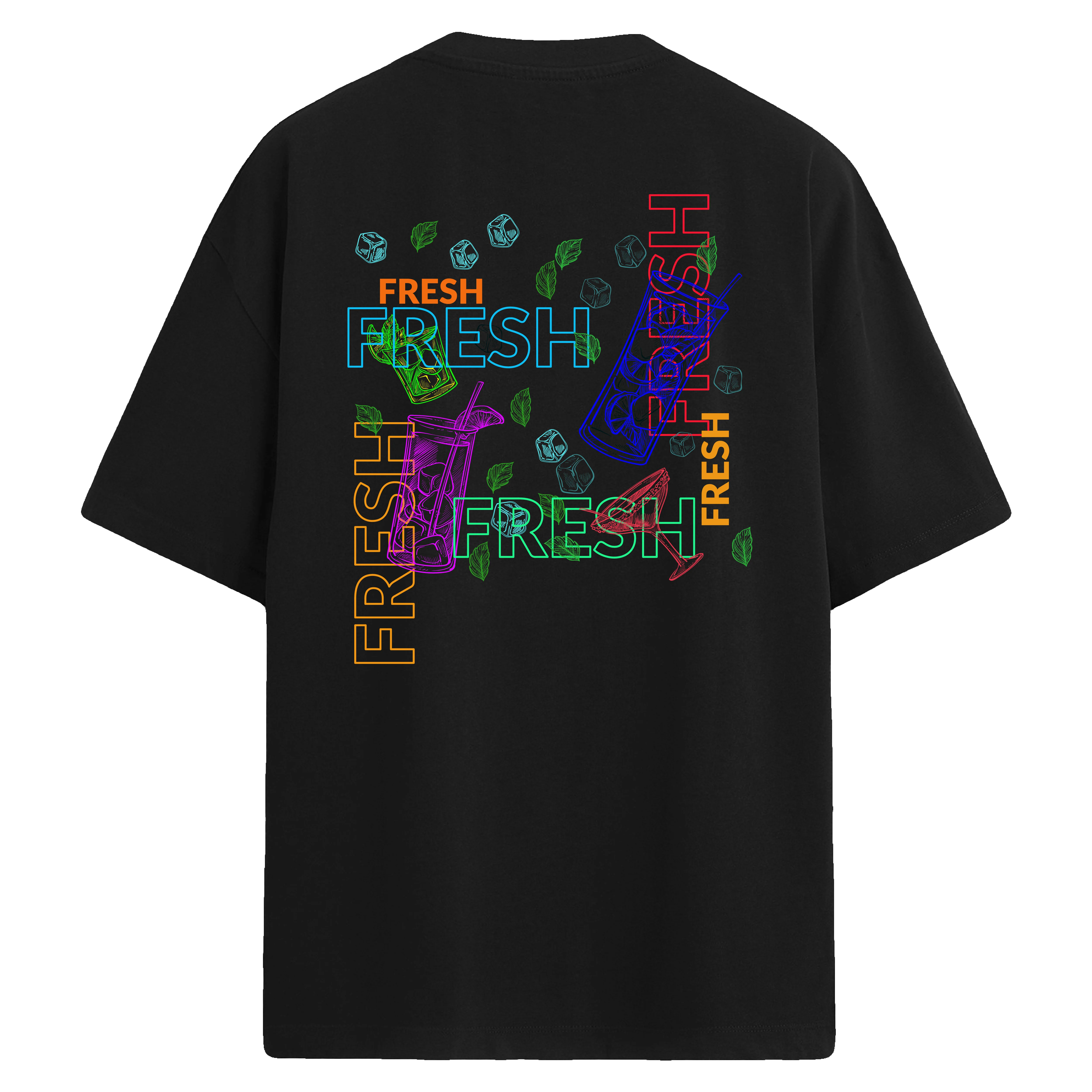Neon içecek ve “FRESH” yazılı baskılı, buz ve nane detaylı sırt tasarımlı oversize tişört