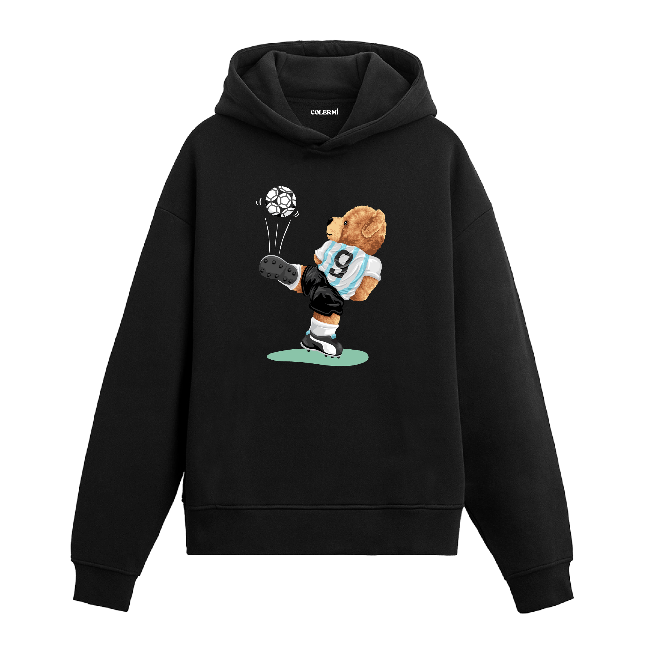 9 numaralı formasıyla topa vuran futbolcu ayıcık baskılı hoodie tasarımı.