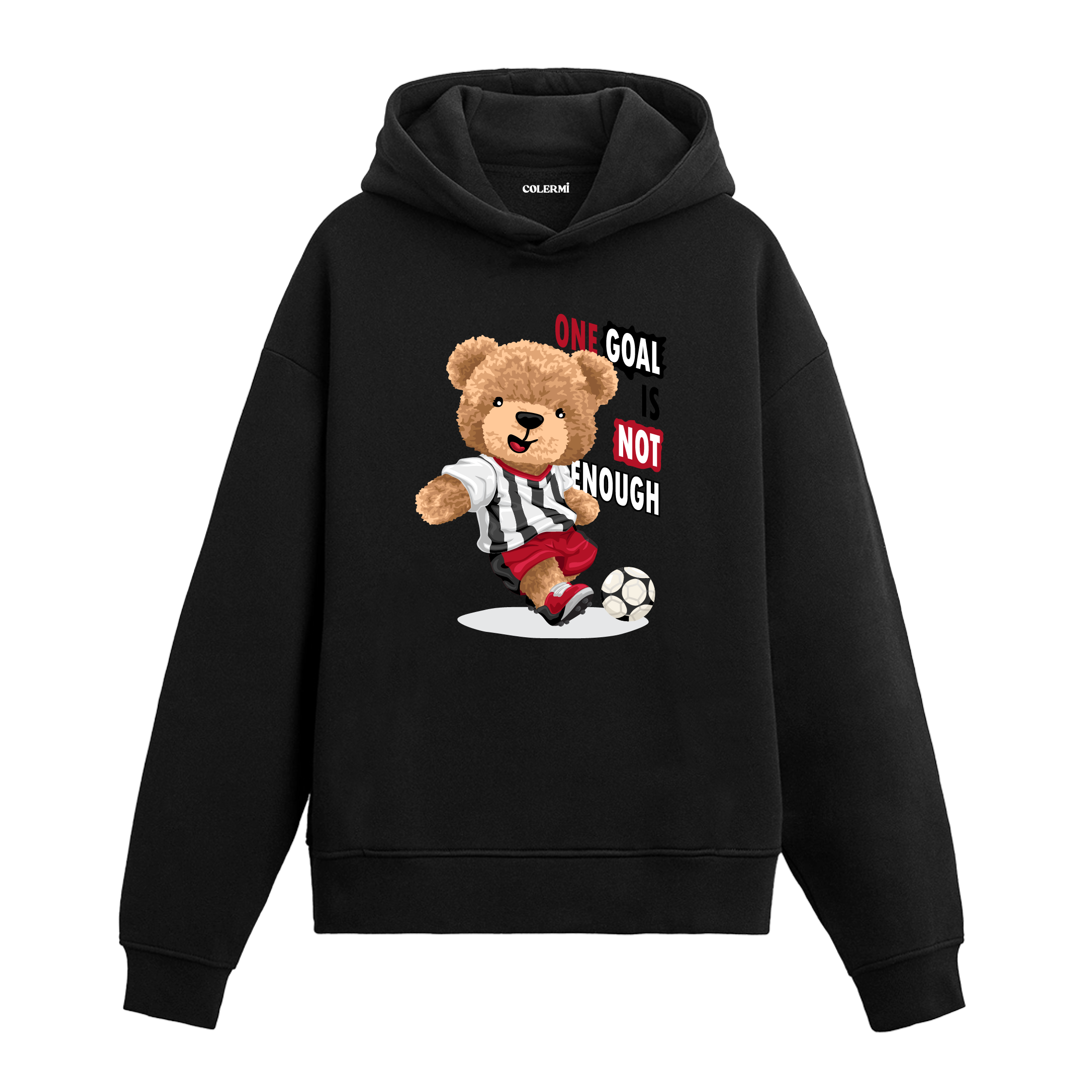 Futbol topuna vuran, “One Goal Is Not Enough” yazılı futbolcu ayıcık baskılı hoodie tasarımı.