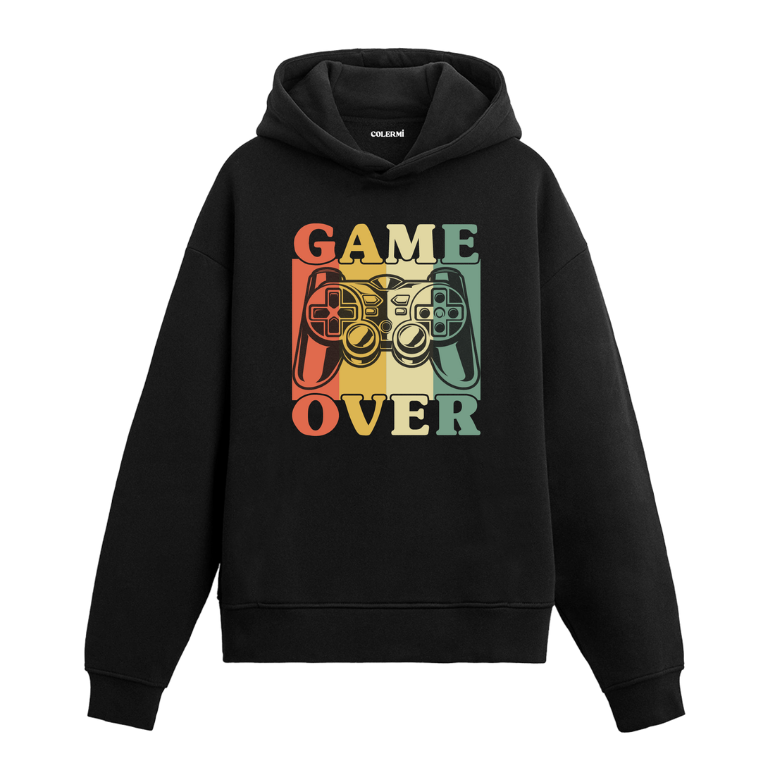 Game Over yazılı siyah hoodie – oyun kolu figürlü retro gamer tasarımı