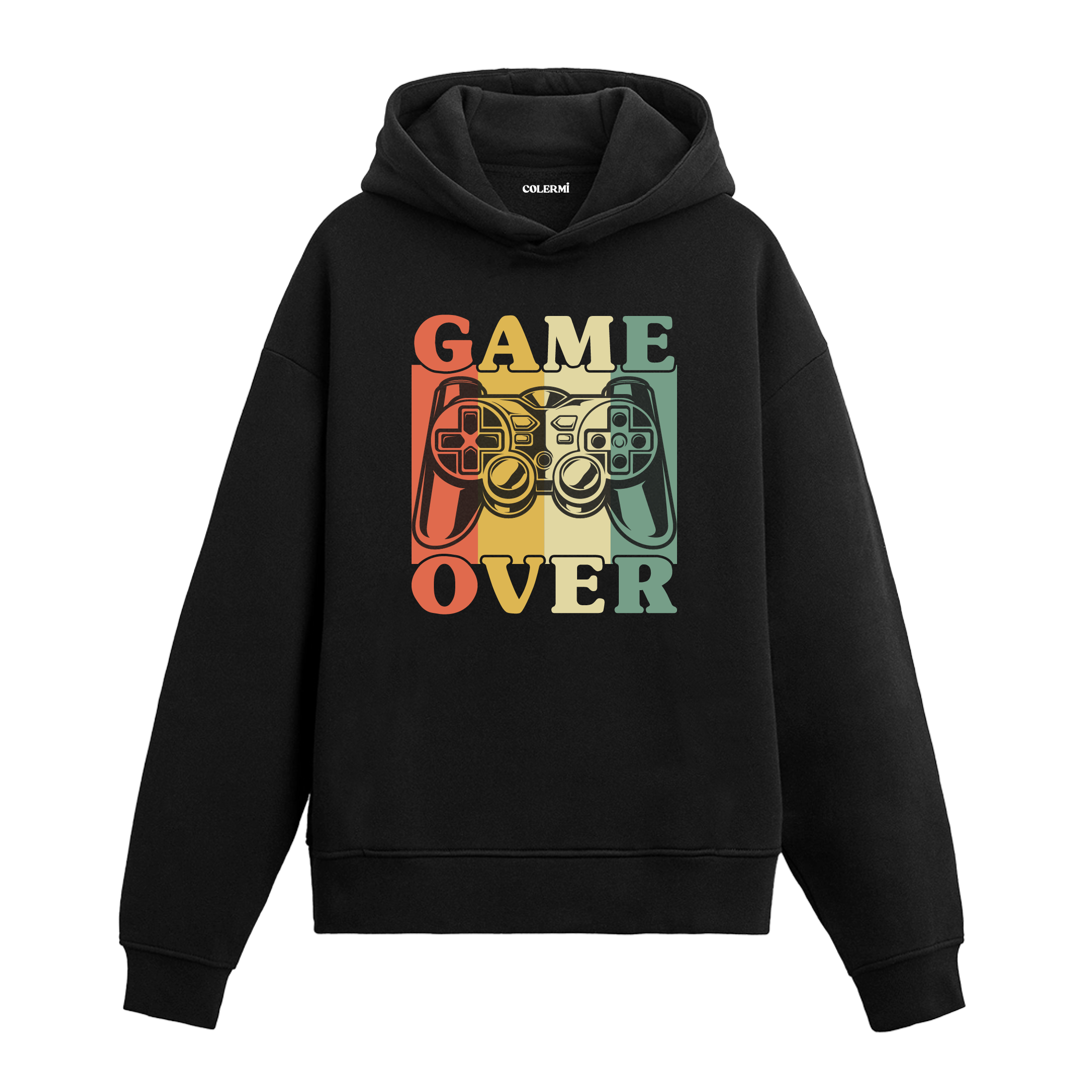 Game Over yazılı siyah hoodie – oyun kolu figürlü retro gamer tasarımı