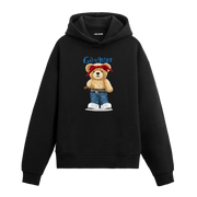 Kırmızı bandanalı, jean pantolonlu ve sokak tarzında gangster temalı ayıcık baskılı hoodie tasarımı.