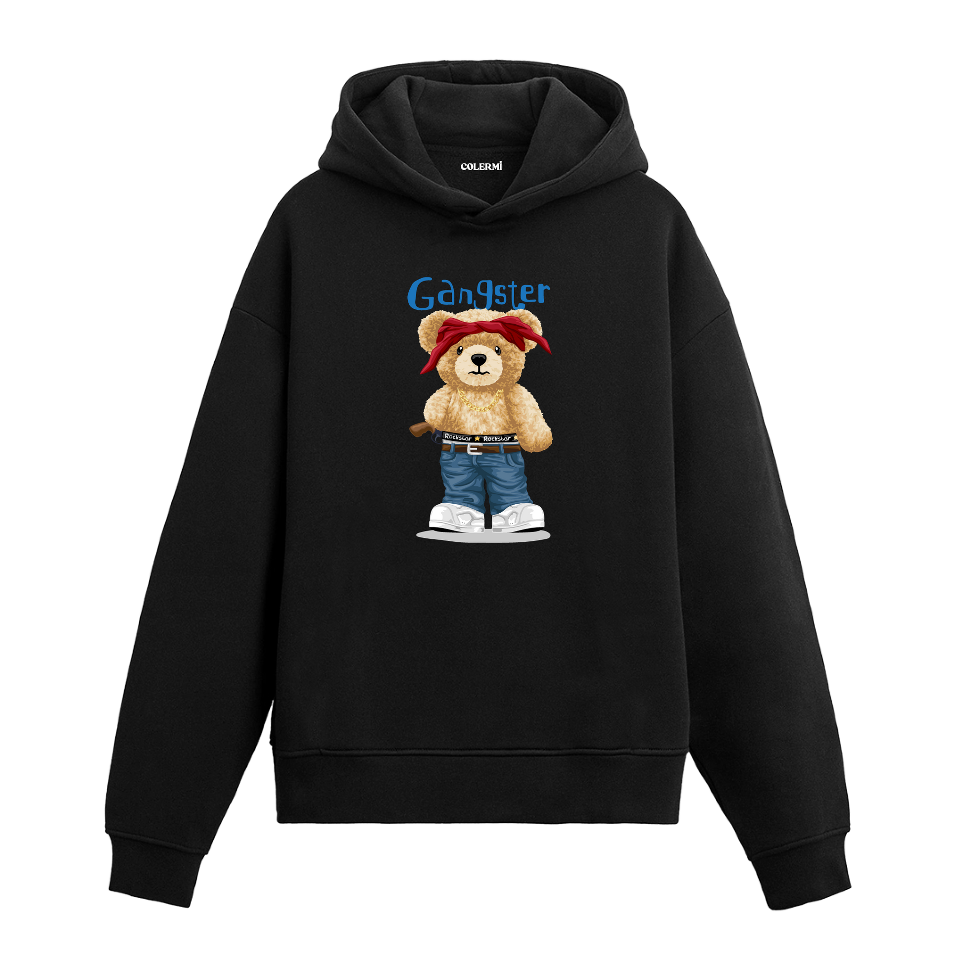 Kırmızı bandanalı, jean pantolonlu ve sokak tarzında gangster temalı ayıcık baskılı hoodie tasarımı.