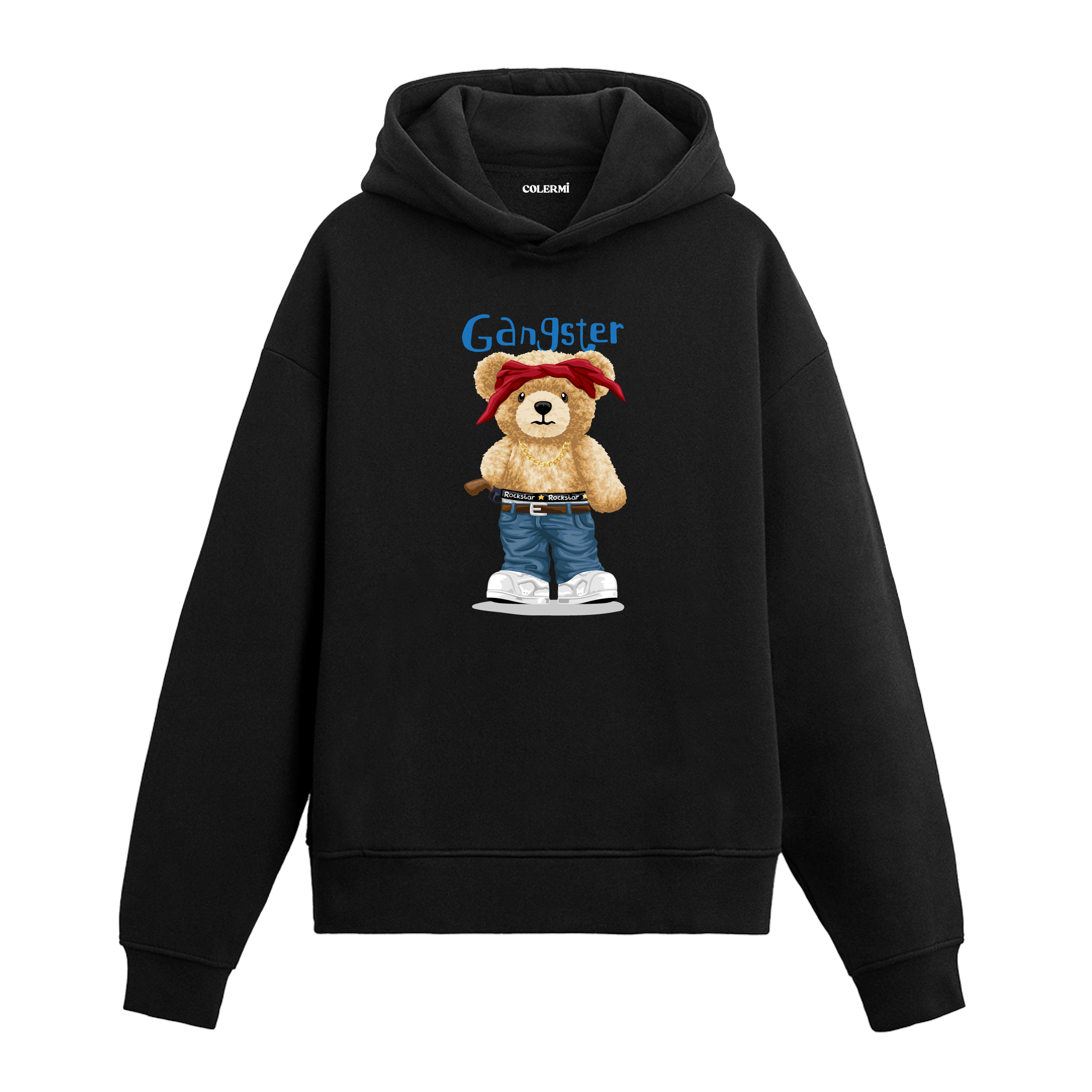 Kırmızı bandanalı, jean pantolonlu ve sokak tarzında gangster temalı ayıcık baskılı hoodie tasarımı.