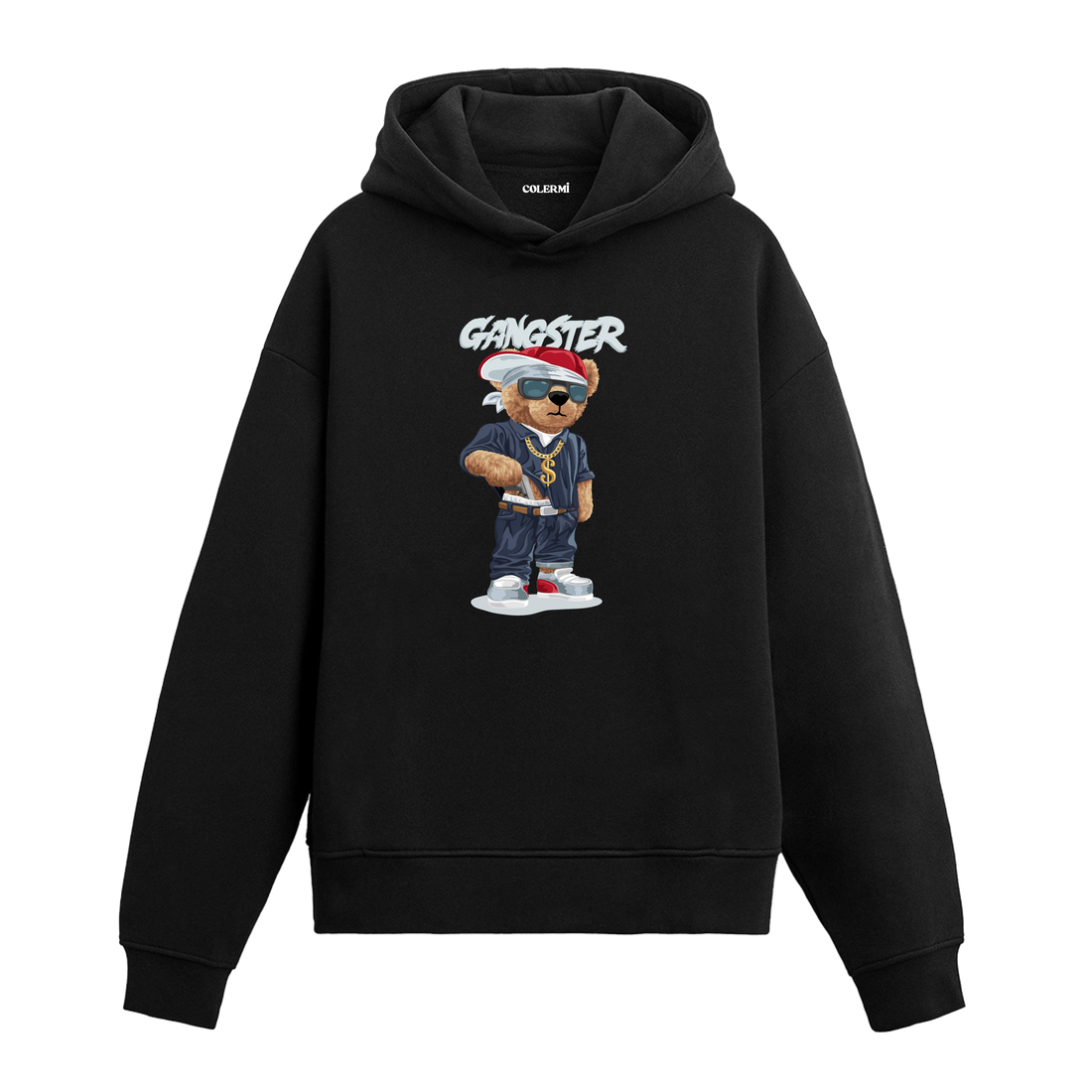 Zincirli, bandanalı ve kararlı duruşuyla gangster tarzında ayıcık figürlü hoodie tasarımı.