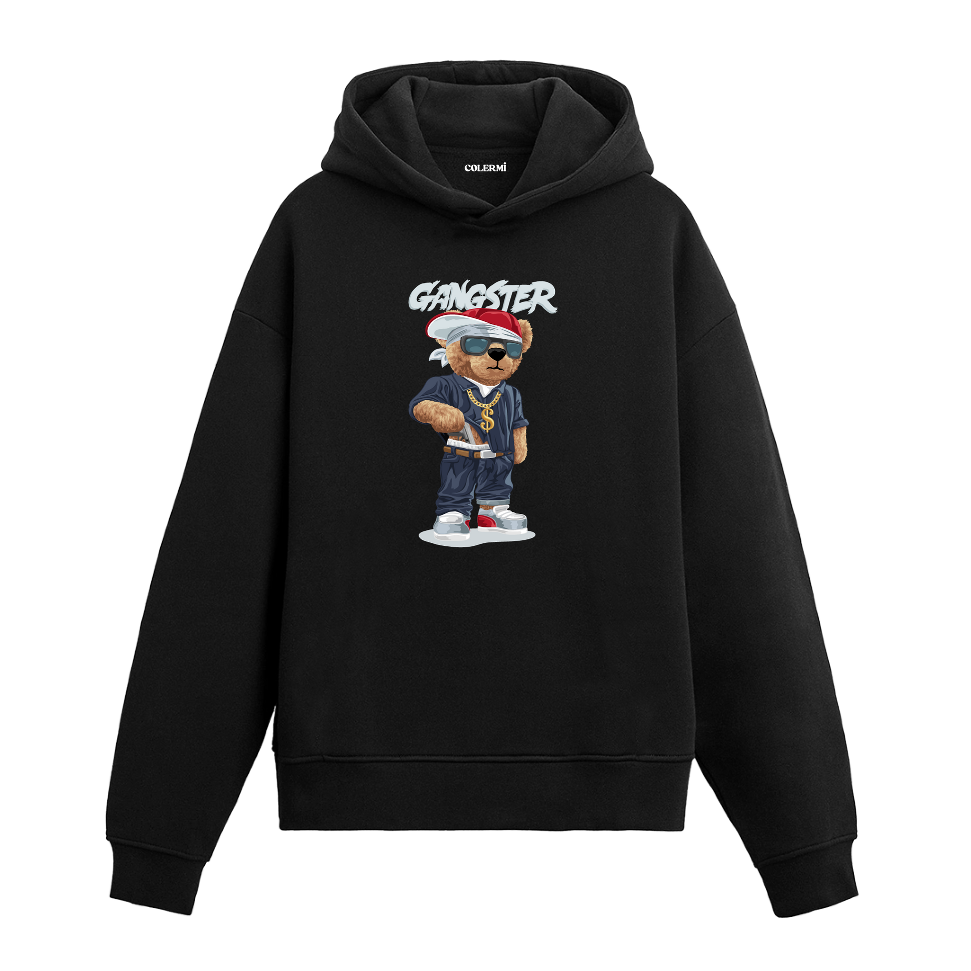 Zincirli, bandanalı ve kararlı duruşuyla gangster tarzında ayıcık figürlü hoodie tasarımı.
