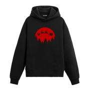 Siyah hoodie, kırmızı ay ve geyik kızağı baskısı, pamuklu unisex hoodie