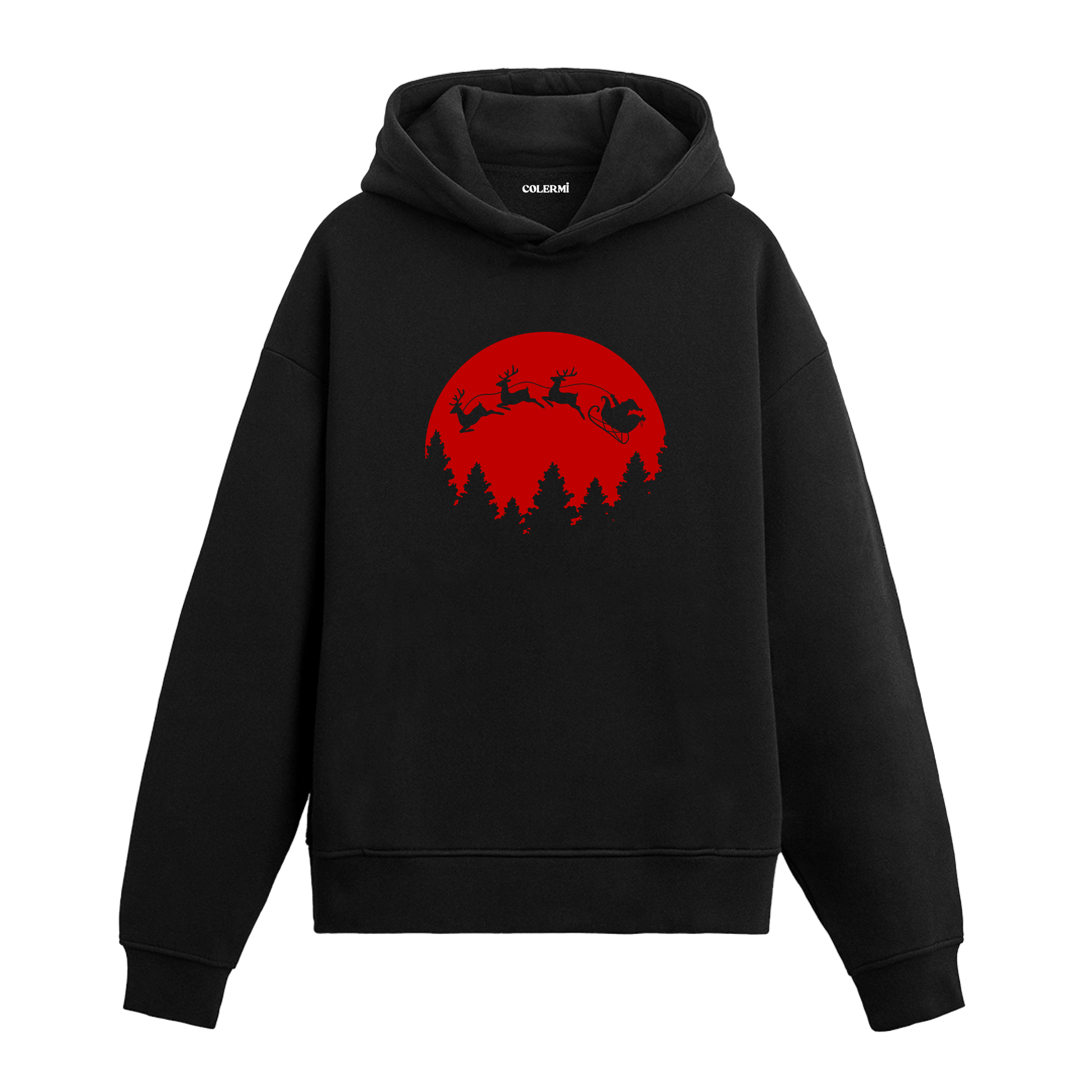 Siyah hoodie, kırmızı ay ve geyik kızağı baskısı, pamuklu unisex hoodie