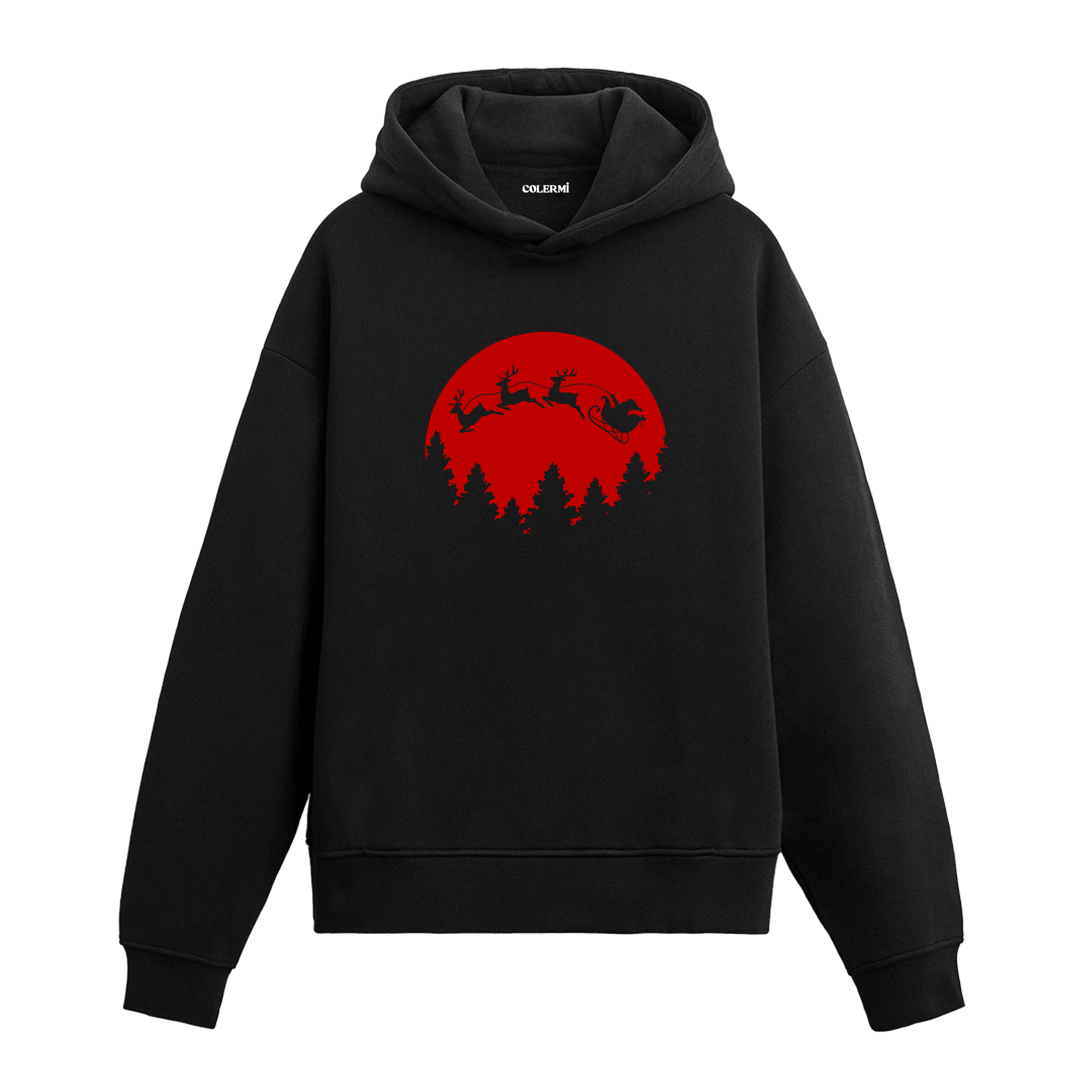 Siyah hoodie, kırmızı ay ve geyik kızağı baskısı, pamuklu unisex hoodie