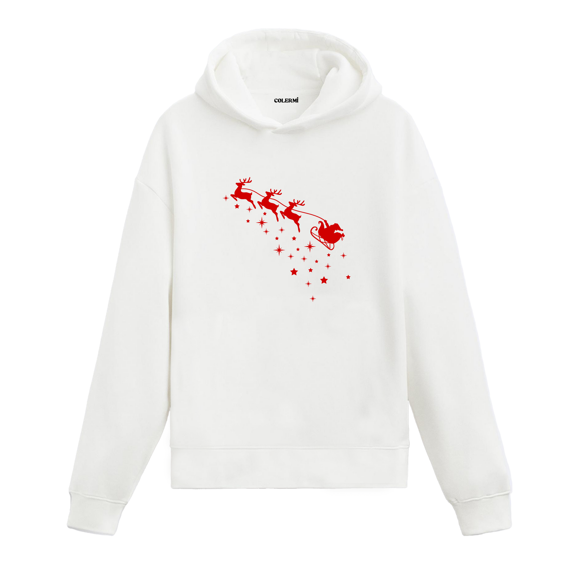 Beyaz hoodie, Noel Baba kızağı ve geyik baskısı, yıldız detaylı pamuklu unisex hoodie