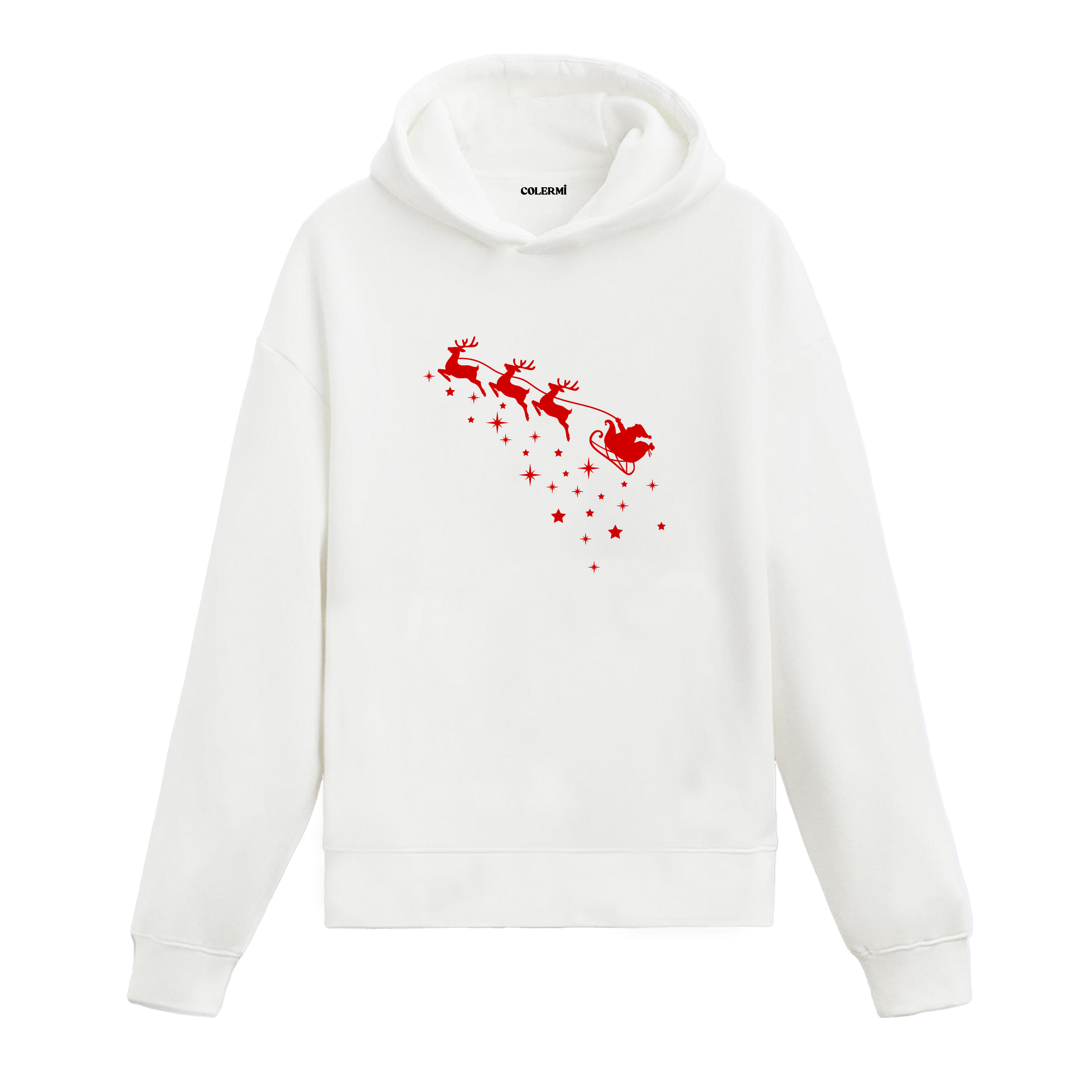 Beyaz hoodie, Noel Baba kızağı ve geyik baskısı, yıldız detaylı pamuklu unisex hoodie