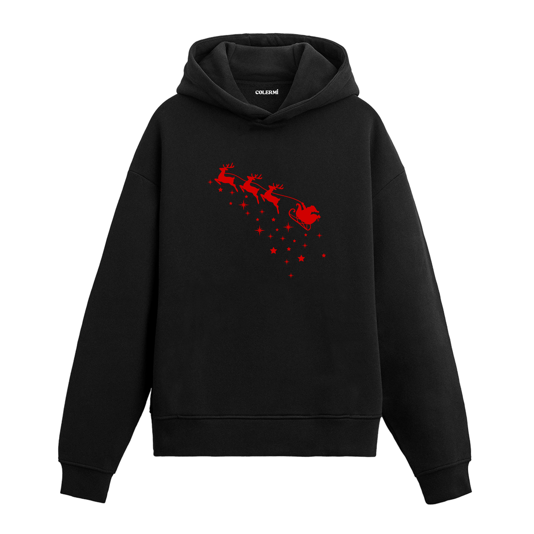 Siyah hoodie, kırmızı geyik ve Noel Baba kızağı yıldızlı baskı, pamuklu unisex hoodie